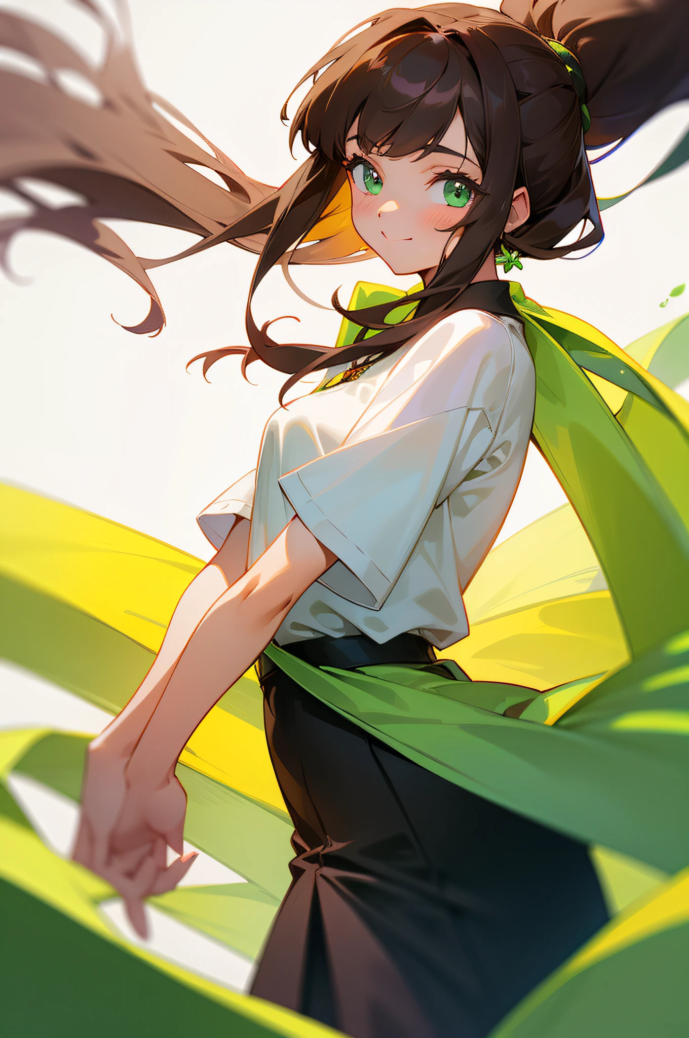 a girl with long silky smooth dark brown hair, and light green eyes, with a warm smile, a white shirt, and a black skirt, and is fashionable