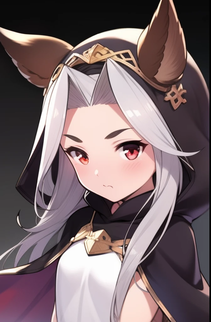 1girl, :t, animal_ears, blush, cat_ears, commentary_request, cosmos_(kosmos), ears_through_headwear, erune, granblue_fantasy, hood, long_hair, outline, pout, red_eyes, scathacha_(granblue_fantasy), silver_hair, simple_background, solo, transparent_background, v-shaped_eyebrows, white_outline