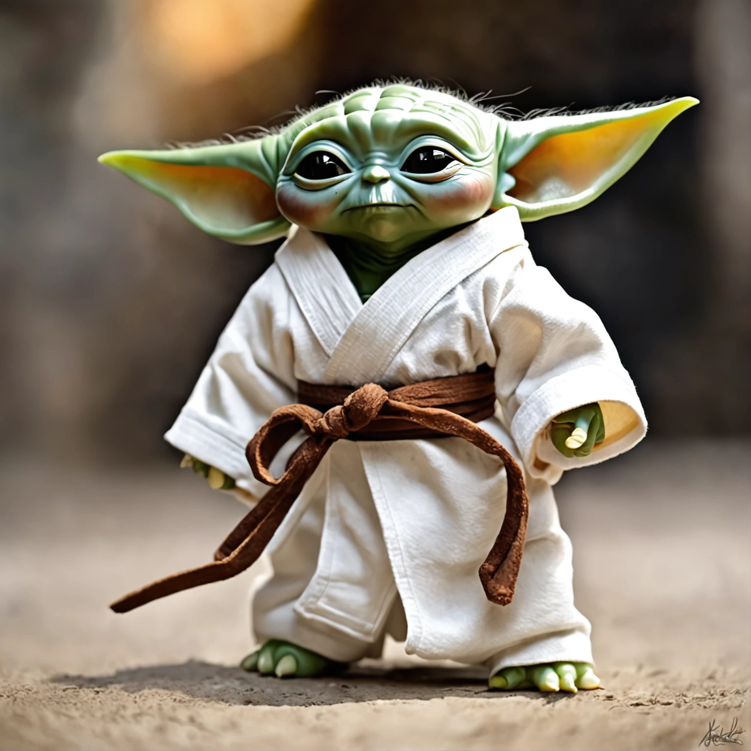 (adorable  Yoda:1.2) posando en taekwondo, vestido con su dobok