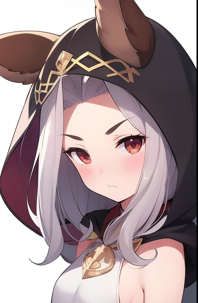 1girl, :t, animal_ears, blush, cat_ears, commentary_request, cosmos_(kosmos), ears_through_headwear, erune, granblue_fantasy, hood, long_hair, outline, pout, red_eyes, scathacha_(granblue_fantasy), silver_hair, simple_background, solo, transparent_background, v-shaped_eyebrows, white_outline