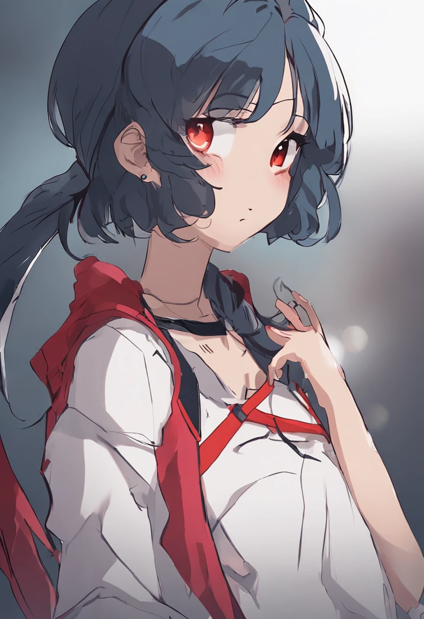 red eyes, mole under eye, side ponytail, dark blue hair, closed mouth, unconscious, reference sheet, 1080P