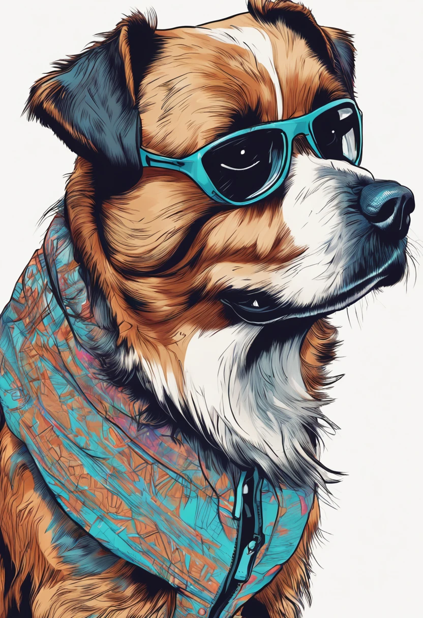 Perfect centralization, shih tzu bonito, Use uma jaqueta da equipe de estudantes, wearing sunglasses, Usando fones de ouvido, alegria, Standing position, beleza abstrata, Centrado, looking at the camera, Facing the camera, Approaching perfection, Dynamic, altamente detalhado,  liso, foco nítido, 8k, alta resolução, illustration, arte de Carne Griffiths e Wadim Kashin, fundo branco