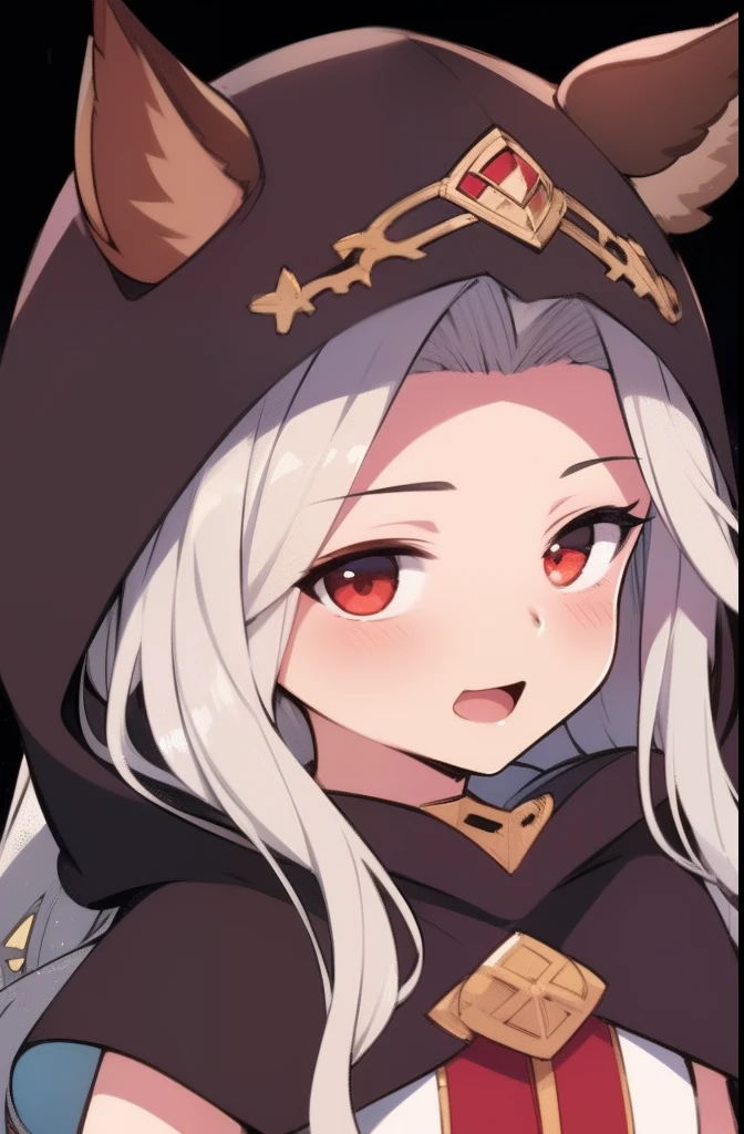 1girl, animal_ears, blush, cat_ears, cloak, commentary_request, ears_through_headwear, granblue_fantasy, hood, hooded_cloak, long_hair, makihitsuji, open_mouth, red_eyes, scathacha_(granblue_fantasy), silver_hair, simple_background, solo, squiggle, upper_body, white_background