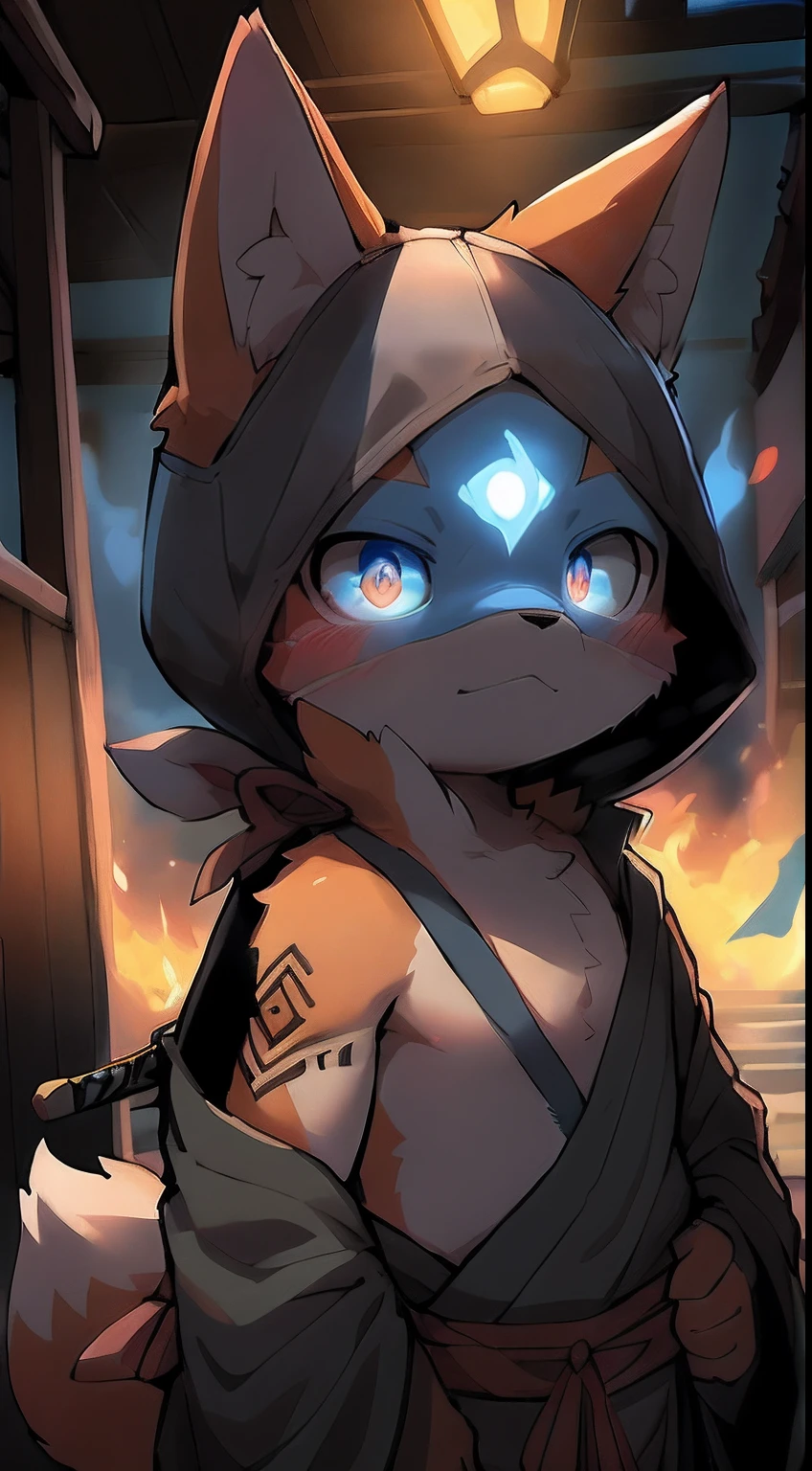 anthro,Furry,feral,(Digital media \(artwork of a\):1.2),(hi,It's nothing,absurd res:1.2),Perfect anatomy,Anatomically correct,Detailed,Detailed face,Detailed eyes,(Realistic fur,Detailed fur:1.25),Detailed background,amazing background.
author:hanuvo,author:Vanmosu_Marimo,author:Sumi Kuroi,author:Yupa,(by Dagasi:1.2),red fox,cub,Ghost mask,((Aspect tools,katana swords)),Spooky atmosphere,With a katana,Blue evil qi,Handsome,tattoo,Half-off kimono,Glowing eyes