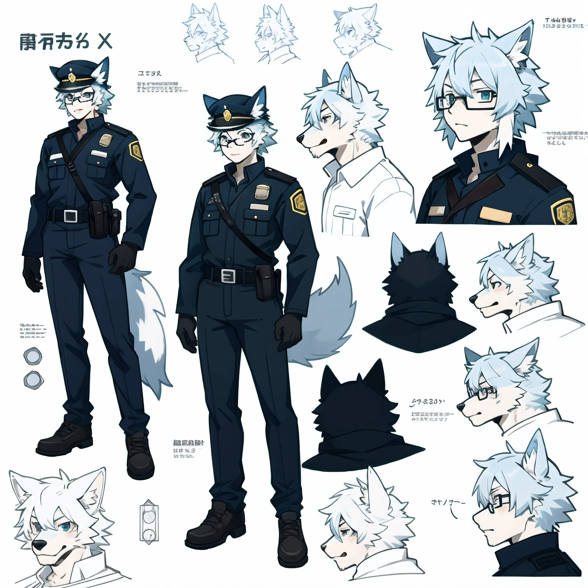 highres, top quality, best quality, paid reward available, High-quality illustrations, unparalleled masterpiece, perfect artwork, absurdres, perfect anatomy, standing kemono boy, three view drawing, front and side and back, character sheet, character design police man!!, anime character, glasses, facial expressions, Detailed description of character, text, Transform wolf, Collection of setting materials,