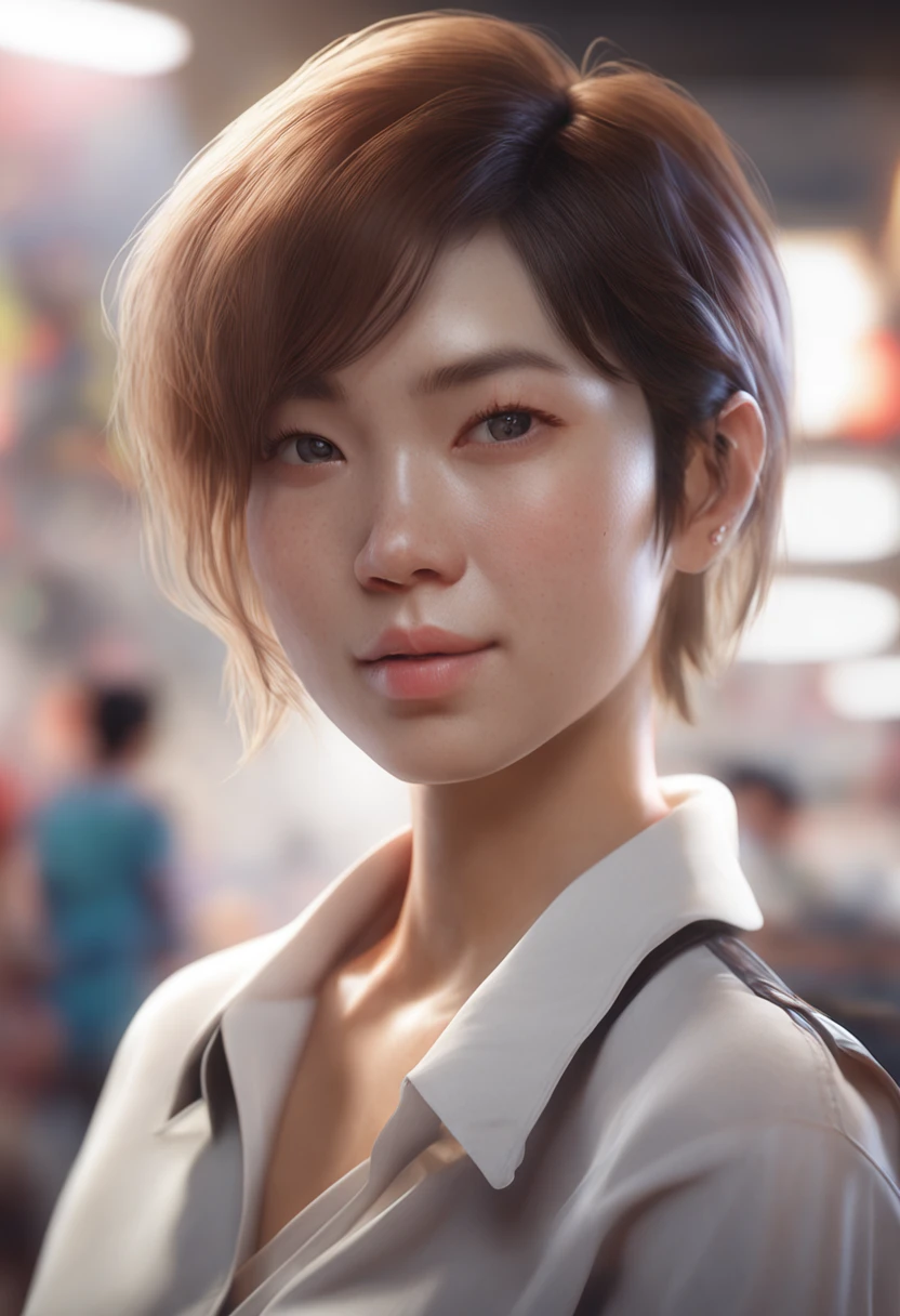 Allard woman in a plain white shirt, Semi-body shot, in a mall, a photorealistic painting inspired by Yanjun Cheng, Trend of CGsociety, Realism, Soft portrait shot 8 K, girl cute-fine face, with short hair, portrait cute-fine-face, Kawaii realistic portrait, Rendu portrait 8k, young cute wan asian face, Realistic. Cheng Yi