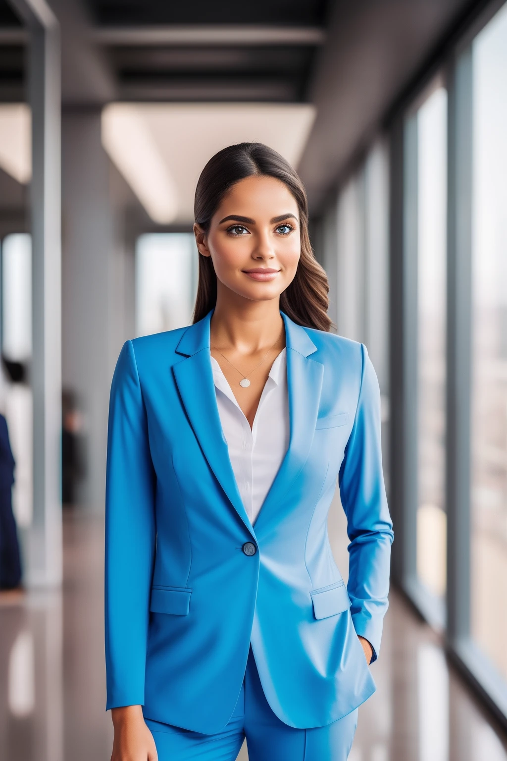 ((best quality, 8k, master part: 1.3)), 1 girl, sorrir, imagem do corpo inteiro, rosto magro, Mulher bonita, olhos e cabelos escuros, vestidos com roupas profissionais, wearing a thin sky blue suit, Standing in a modern office hall, showing the occupation and vitality of the modern city, rosto super detalhado, olhos detalhados, double eyelids, fundo desfocado