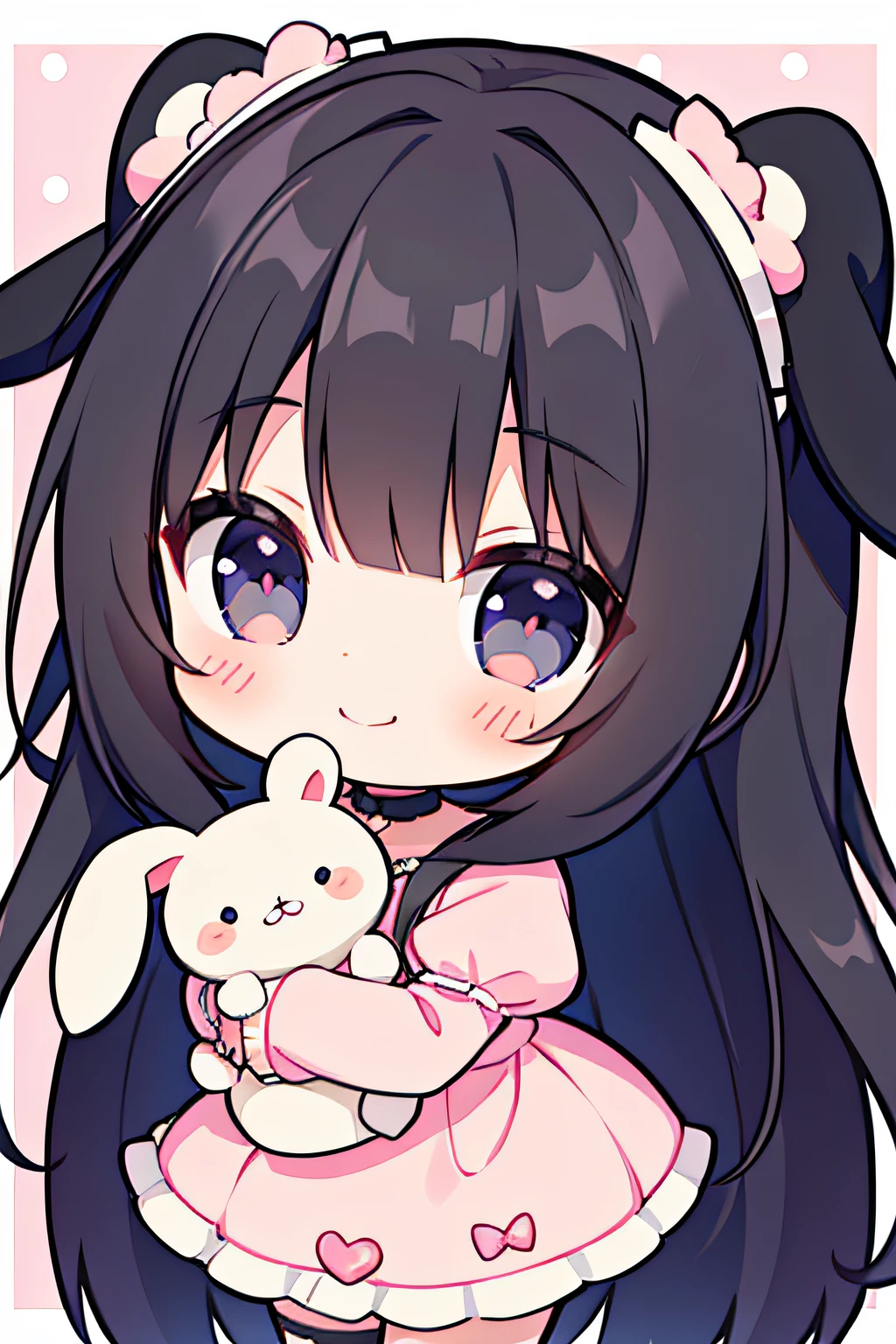 1 chibi girl, cute, with black long hair, wearing a bunny costume, holding a bunny bear, smiling, looking at you, high-resolution, 8k masterpiece, looking at you