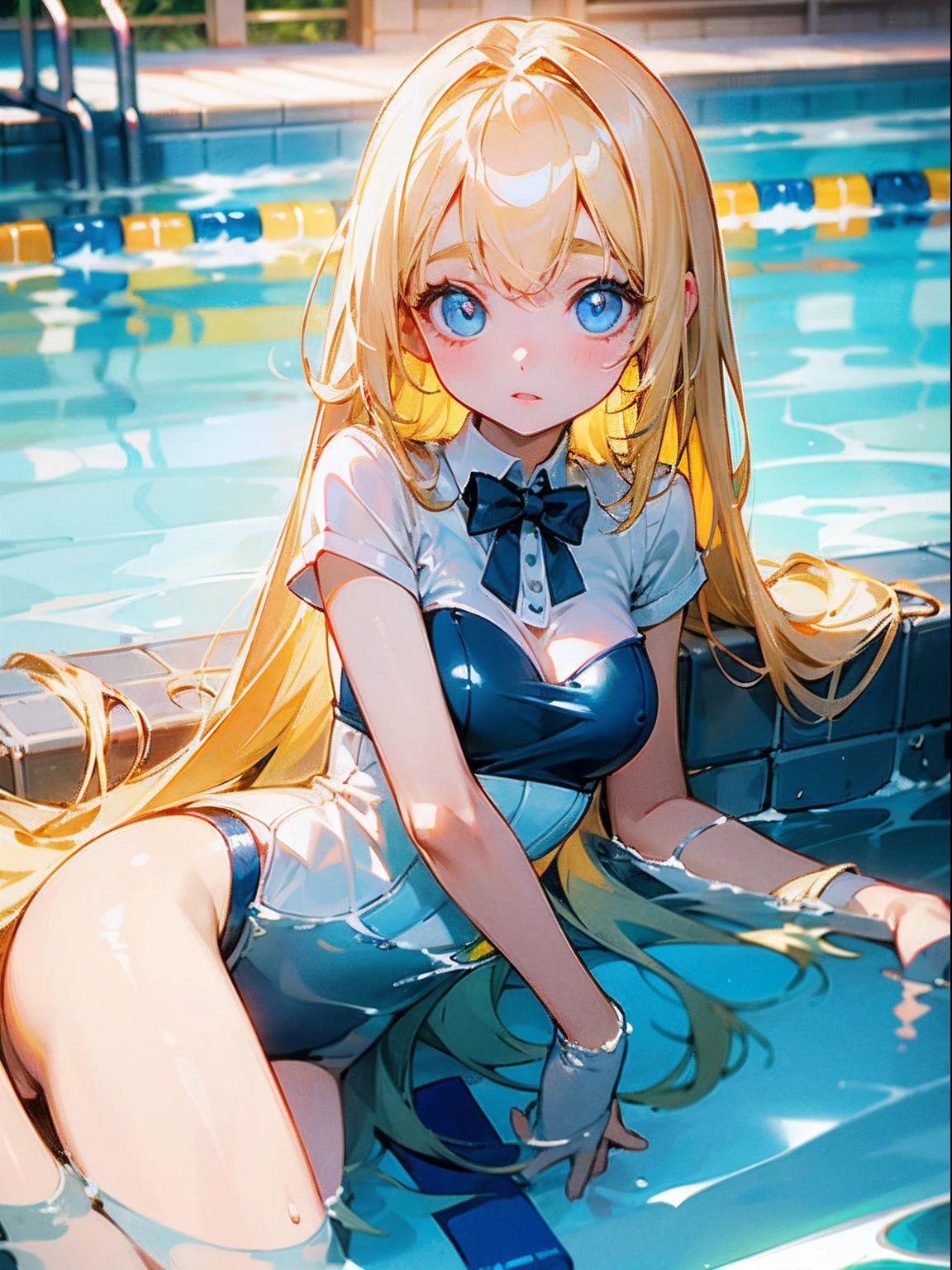 bright expression、photorealisim、top-quality、超A high resolution、a picture、Exquisitely beautiful Nordic girl photo、Detailed cute and beautiful face、(pureerosface_v1:0.008)、Beautiful bangs、alice in the wonderland、14years、Glowing white shiny skin、facial hairs、Bangs that extend to the face、bangss、Hair between the eyes、Super long hair、Attractive bright natural blonde super long straight silky hair、finer hair、Attractive glowing beautiful bright clear light blue big eyes、School swim wear、eye liner、Double eyelids、ample breasts、school swimming pool、in poolside、