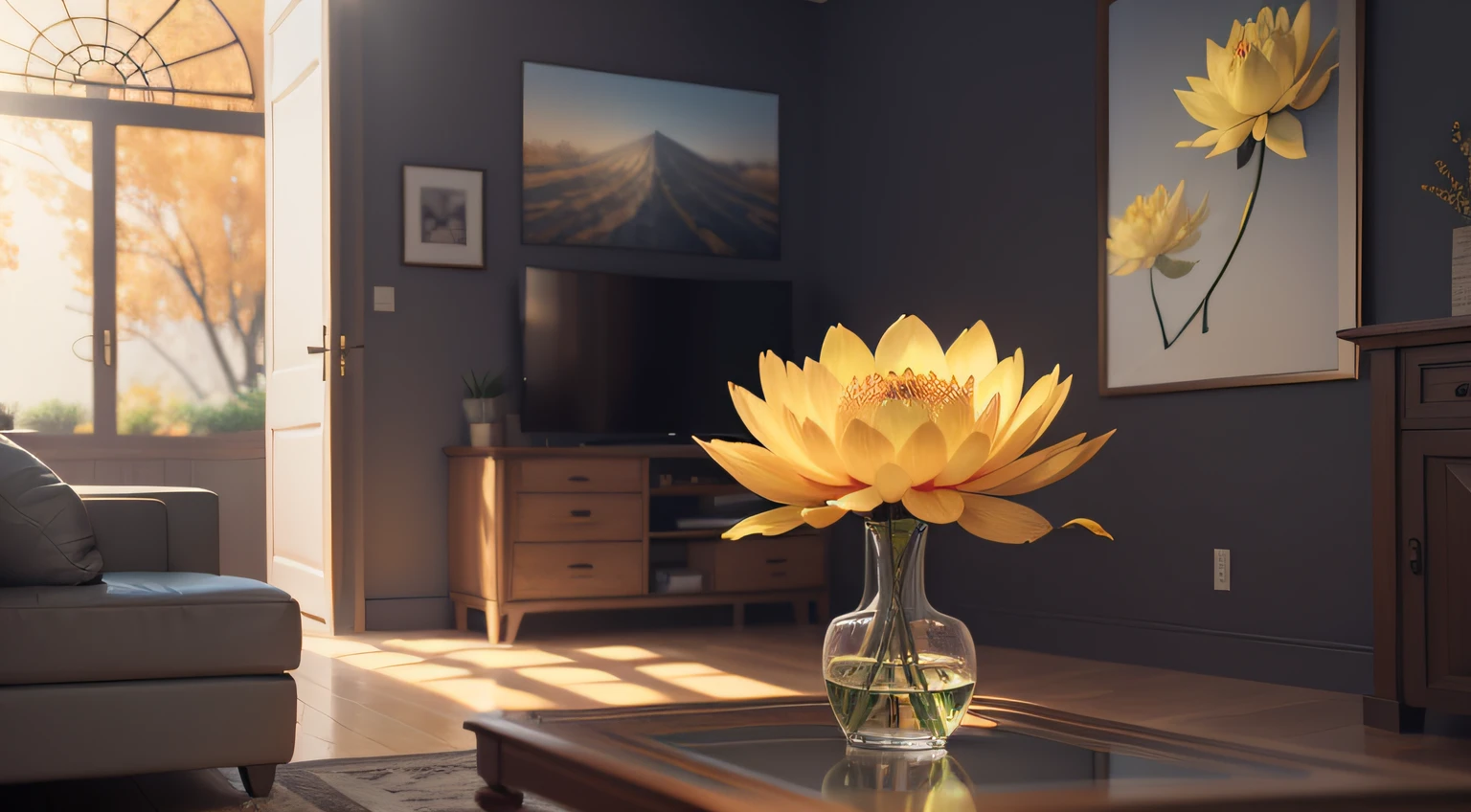Make an autumn poster,Rendered with 3D animated illustrations,The foreground is in the living room at home,The living room is combined with a yellow ginkgo tree。The background is a blurred lotus leaf,blue-sky,Mottled sunlight,Complicated details,Beautiful color grading,depth of fields(dof),unreal-engine,claymaterial,arte 3D,C4D,3Drenderingof,Light,depth of fields,Best quality 8K,super detailing