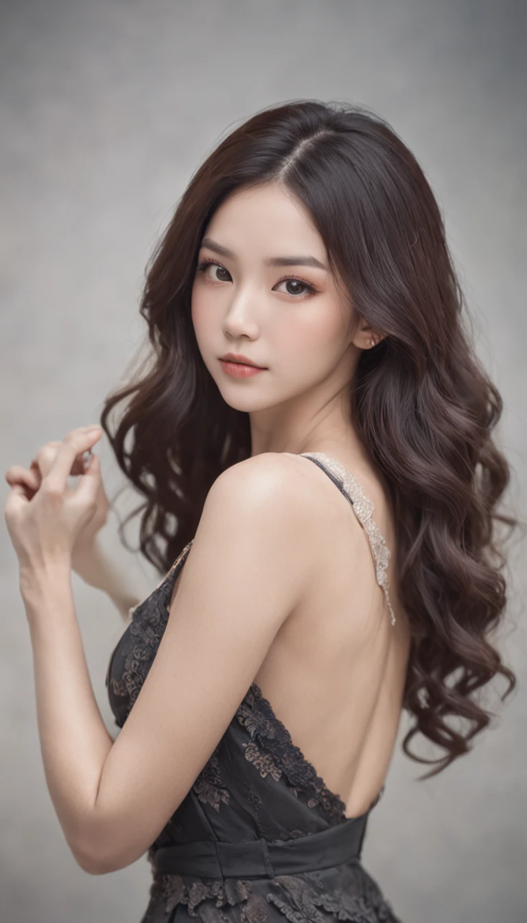 An Asian girl, charming, beautiful, full-length photo, open eyes, long black curly hair, good figure, soft but powerful, very beautiful.