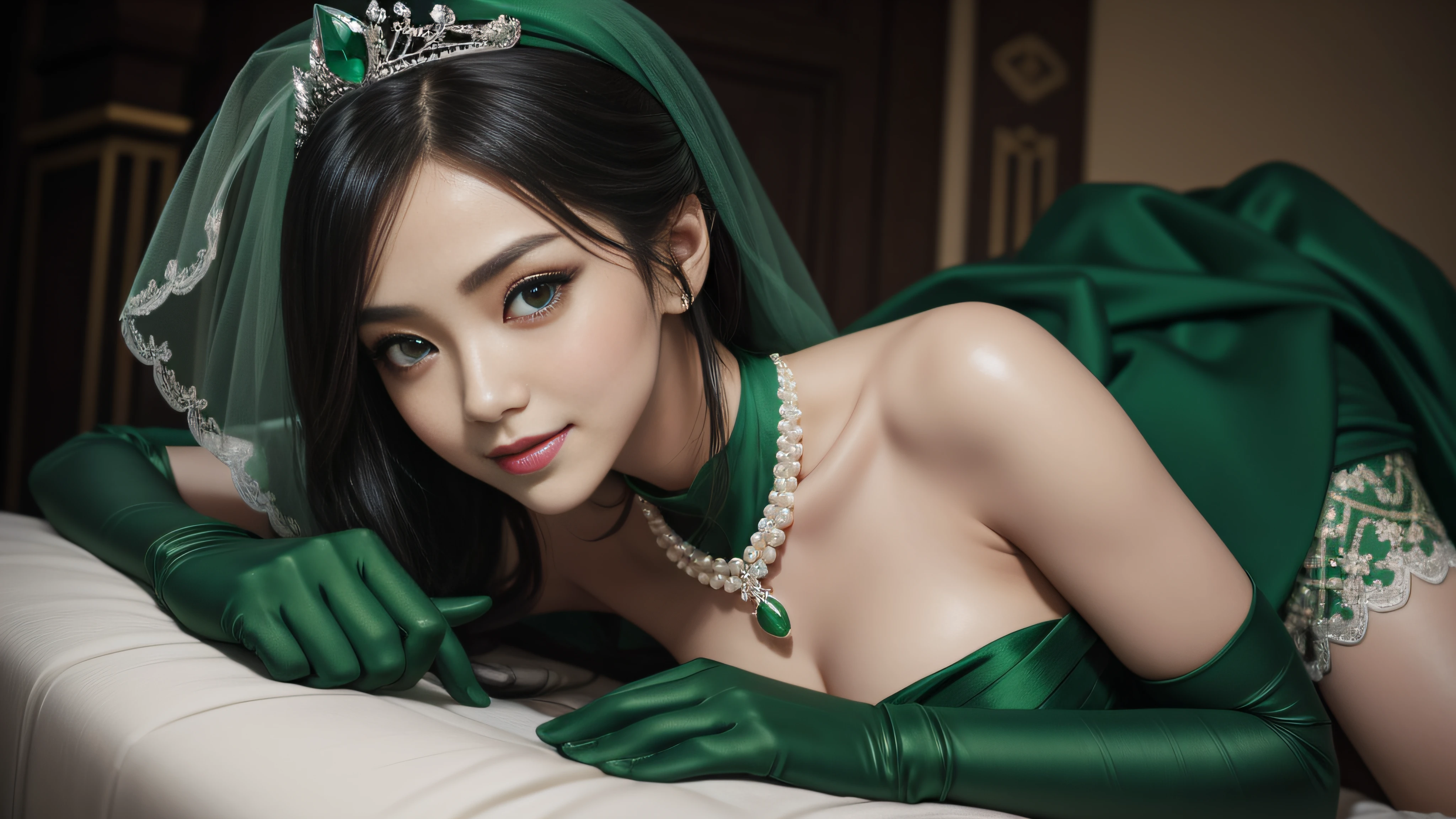 Green Dress Flower Cleanser,Sense of atmosphere, best qualtiy,tmasterpiece,1girll,30-years old,Green dress,Daytime Church,full body Esbian, Green gloves,With short black hair,big breasts beautiful,looking at viewert,ssmile,Green Bridal Veil,Green Long Grove,Satin green long gloves, lipsticks, Pearl Necklace、Green gloves, emerald tiara, A Japanese Lady