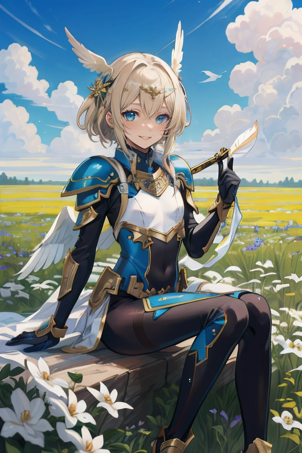(master piece, Best Quality), Intricate details, valkyrie, (((friendly smile))), Hand up, Looking at Viewer, Feather Headgear, Flower meadow, (((flat breast))) on top of the clouds, sitting
1 girl in, Solo, Portrait, ash Blonde Hair, drooping eyes, Single Thigh, Independent Single Sleeve, gloves,
mecha musume, bodysuit, Reinforced Suit, Mini Feather Wings, pantyhose, full armor, flower decoration, equip sword,