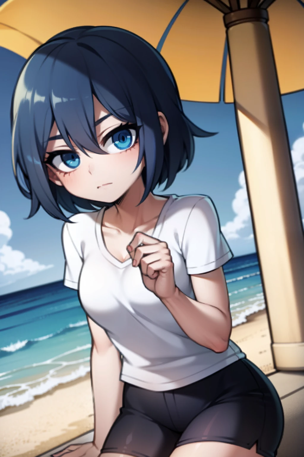 sapphire blue hair, heterochromia eyes, white t-shirts, on a beach