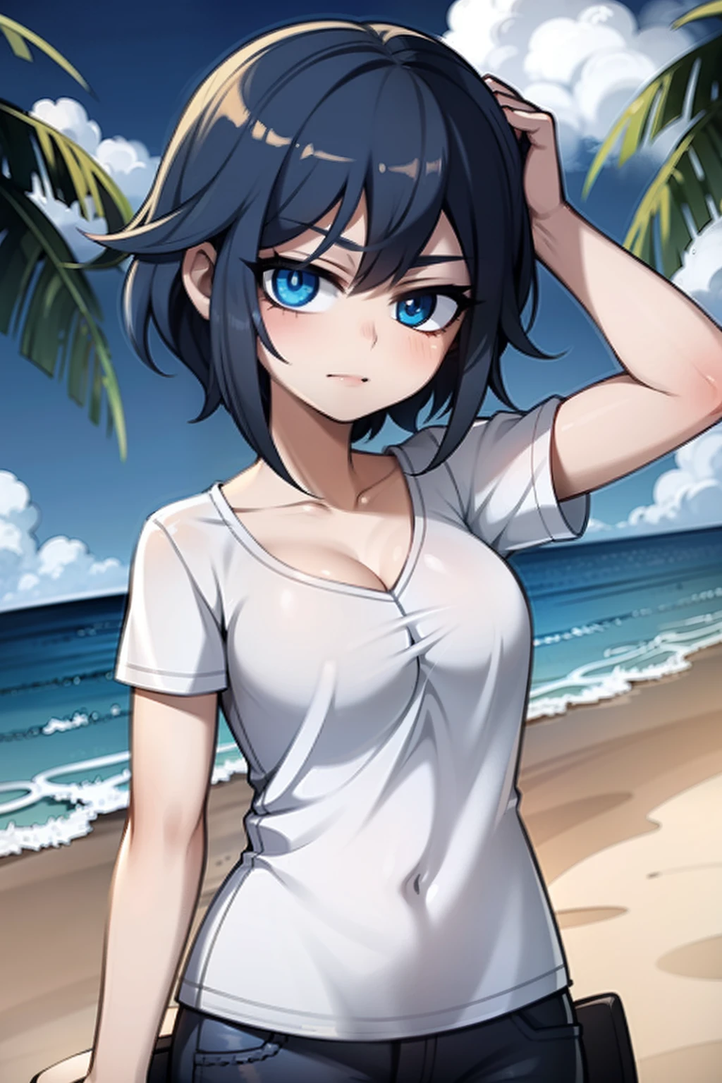A cute tomboy girl with dark skin, medium breasts, strong abs, wearing a white shirt and jeans, smirking and showing sharp teeth, the shirt is soaked and revealing brown nipples, beach background with a orange sunset, highly detailed, anime style, 4k, best quality, masterpiece, 8k, ultra detailed anime, perfect anime style.
