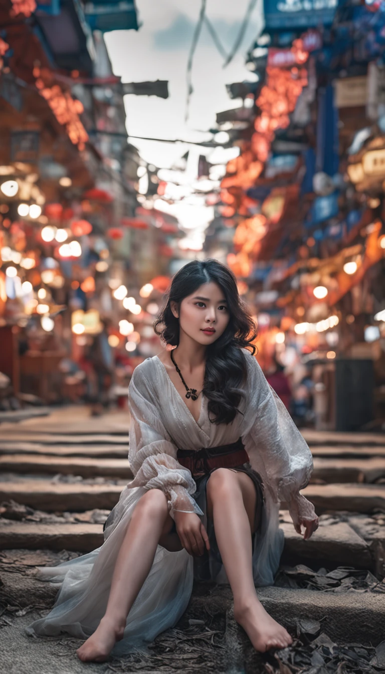 An Asian girl, Charming, Beautiful, full - length photo, Open eyes, Long black curly hair, Good figure, Soft but powerful, Very beautiful.
