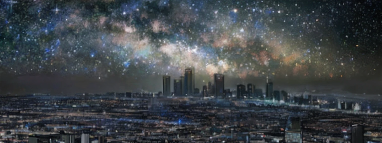 superfine illustration, Best Quality, A shimmering canopy of stars fills the night sky, a fantastical expanse that gleams with ethereal brilliance. Beneath lies a cityscape, its buildings enshrouded in darkness, devoid of any lights. The buildings stand in complete obscurity, casting an enigmatic contrast against the luminous heavens above