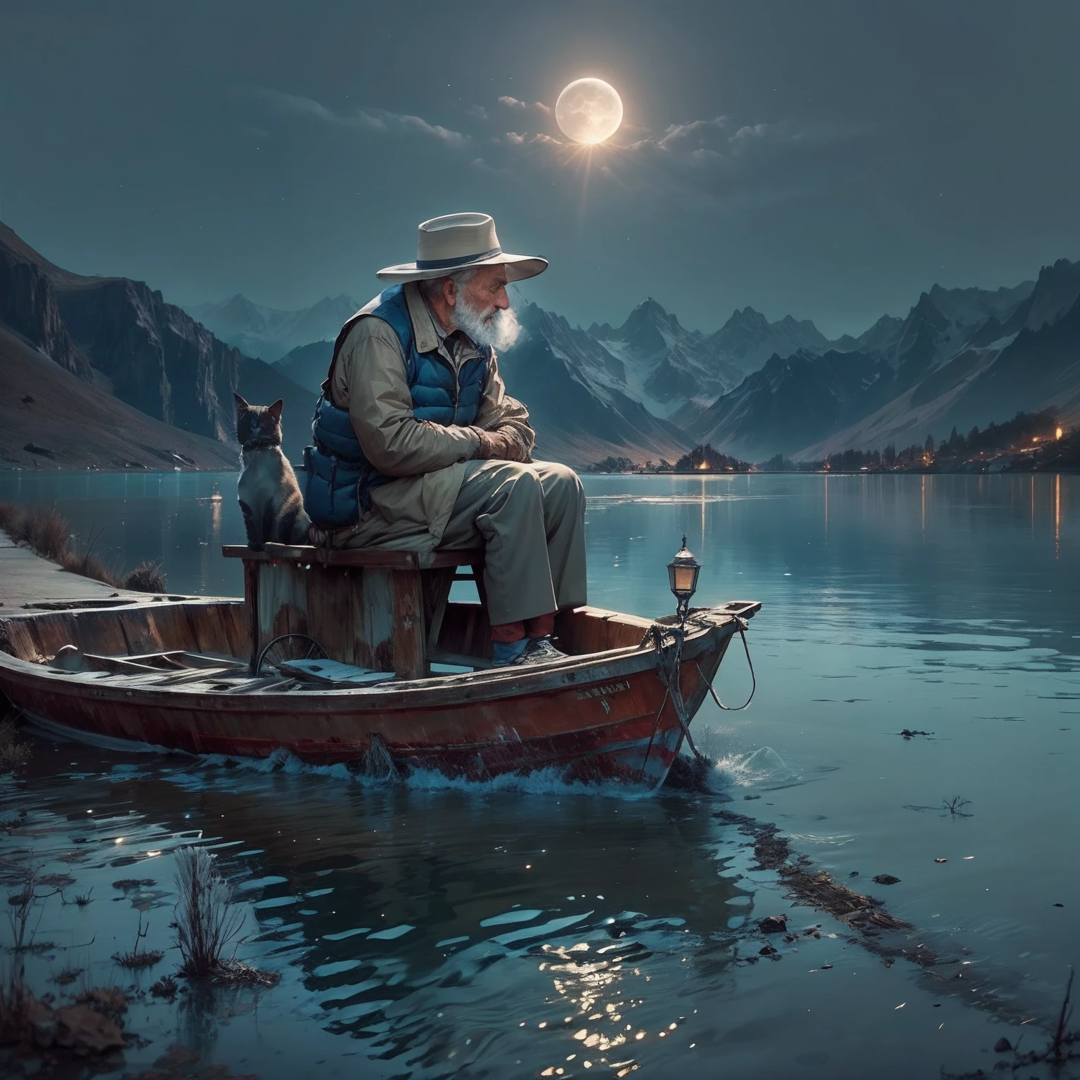 nevando，Lonely old man sitting on boat fishing，Lake surface，Small broken boat，Mountains in the distance，Bleak, Desolate, Sitting alone on a boat，Cat companionship，A huge full moon rises over the horizon，eventide，wide wide shot，Cool moonlight