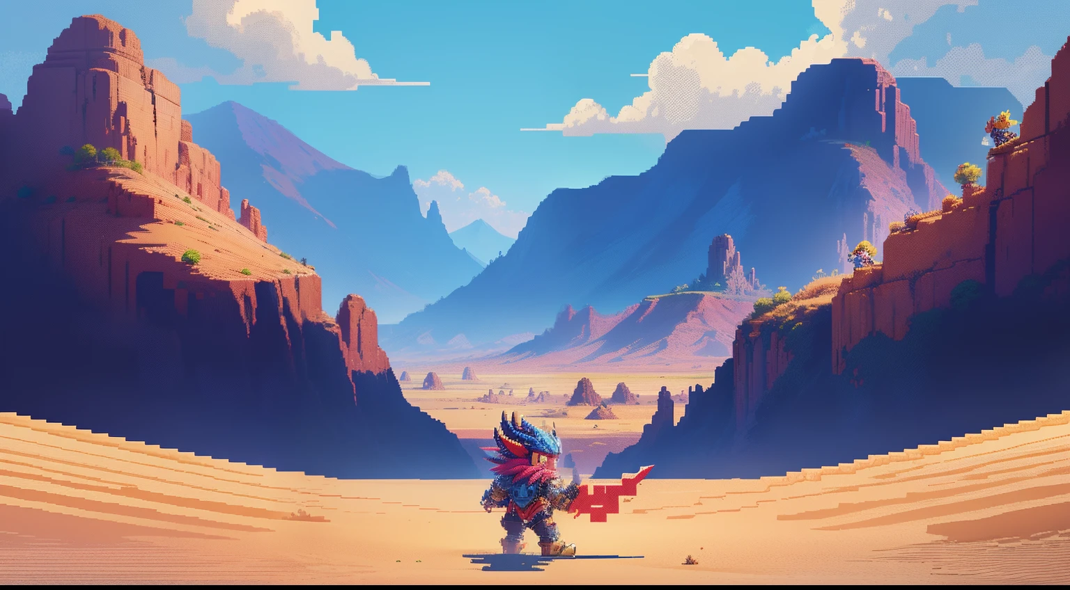 drak,Humanity,warrior,Dragon slaying,combats,A desert,blue-sky,baiyun,depth of fields,Dragon pixel art, 1 0 0 0 x 1 0 0 0 pixel art, pixel art sprite, videogame sprite, high quality pixel art, Pixel art vintage Digimon bitmap, For red and blue Digimon,Pixel uh, 32-bit pixel art, pixel art 8 - bit, pixelart style,Colors are vivid and highly saturated,gaming console,game footage,Nintendo