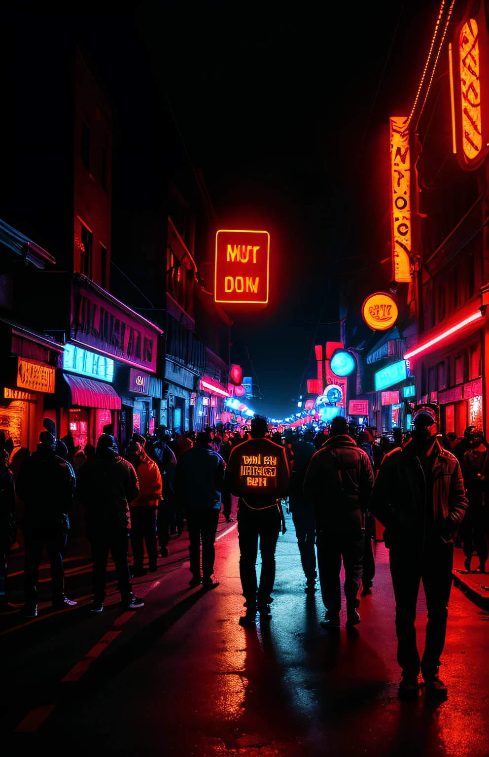 a crowd of people on a dark street, and a guy in the foreground holding a sign, neon, 8k, cinematic 8k