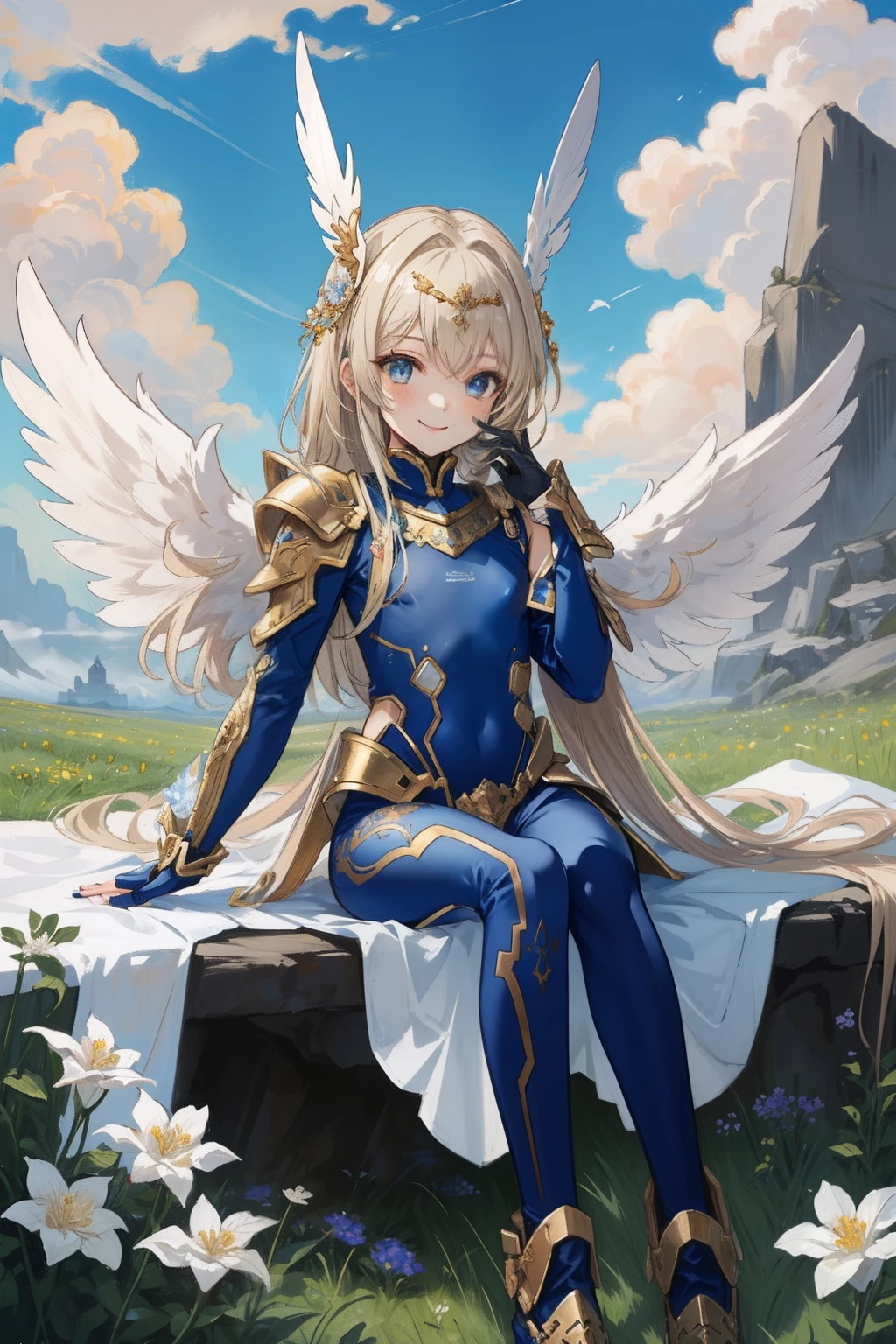 (​master piece, Best Quality),  Intricate details, valkyrie, (((beaming smile))), Hand up, Looking at Viewer, Feather Headgear, Flower meadow, (((flat breast)))  on top of the clouds, sitting
1 girl in, Solo, Portrait, ash Blonde Hair, drooping  eyes, Single Thigh, Independent Single Sleeve, gloves, 
 mecha musume, bodysuit, Reinforced Suit, Mini Feather Wings, pantyhose, full armor, flower decoration, equip sword,