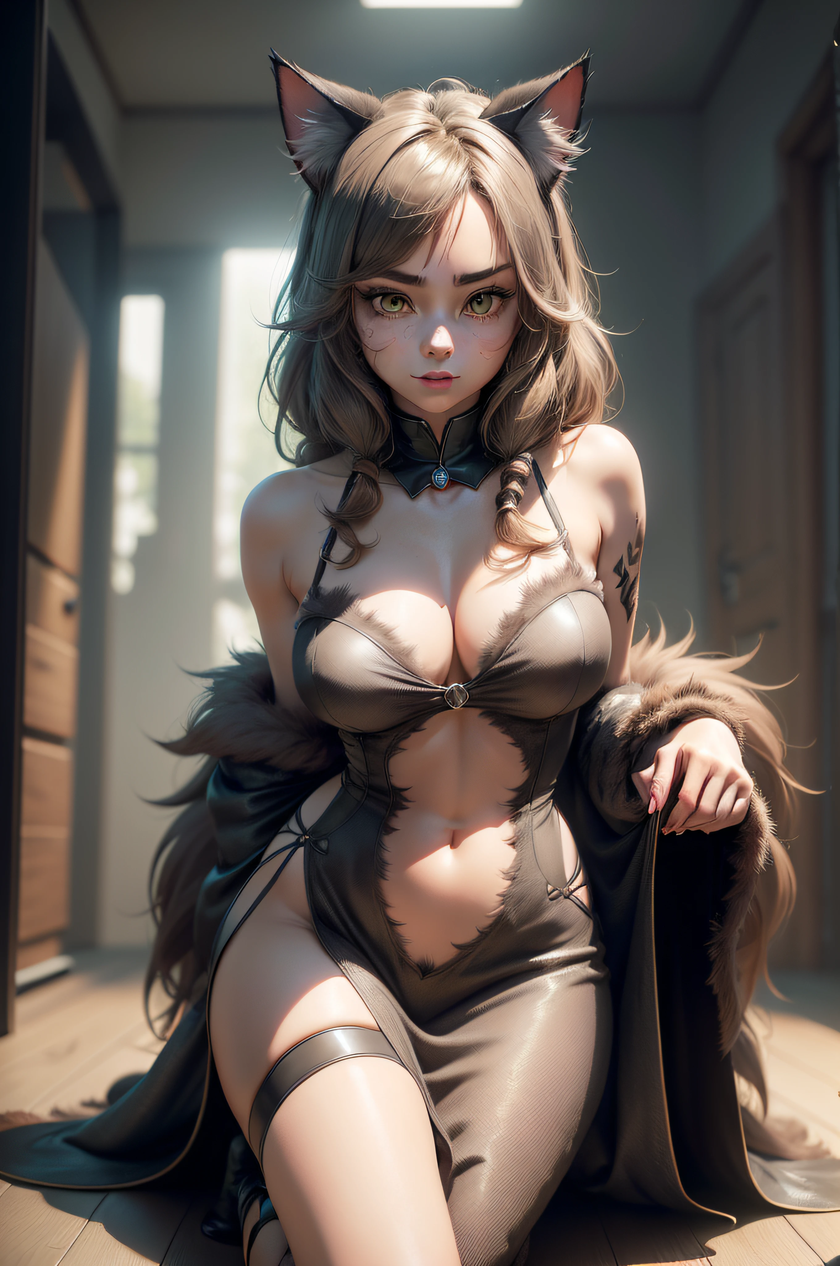 girl, rags, long dress, bra, no nudity, Catwoman, Tabaxi, feline, fur all over skin, cat ears, furry tail, brine fur, gray fur, fur all over body, big eyes, pupils verticals, cat eyes, skin covered with similar fur Cats (RAW Photo)(8k UHD)(DSLR)(soft lighting)(high quality)(filmic grain)(Fujifilm XT3)(master piece, full body, ultra high quality, photorealistic, highly detailed, octane rendering, unrealistic engine, HD 8K, soft cinematic light, hyper detailed, hyperrealistic skin texture, best quality, ultra high resolution, smooth tones, Look at the Viewer, realistic 3d anime)(( (cat's ear)))( ((Forest)))(((they have fur covered with cat-like fur)))(((They have fur covered with cat-like fur)))(Tabaxi, female, female, large breasts, gray fur, heads with feline features, pointed ears positioned on top of head, cat ears, large eyes, vertical pupils, skin covered with fur similar to cats, gray fur, coat brindle, long bushy tail, green eyes, mischievous look, discreet smile)(((Cat's ear)))(((Forest)))(((They have fur covered with a fur similar to that of cats)))