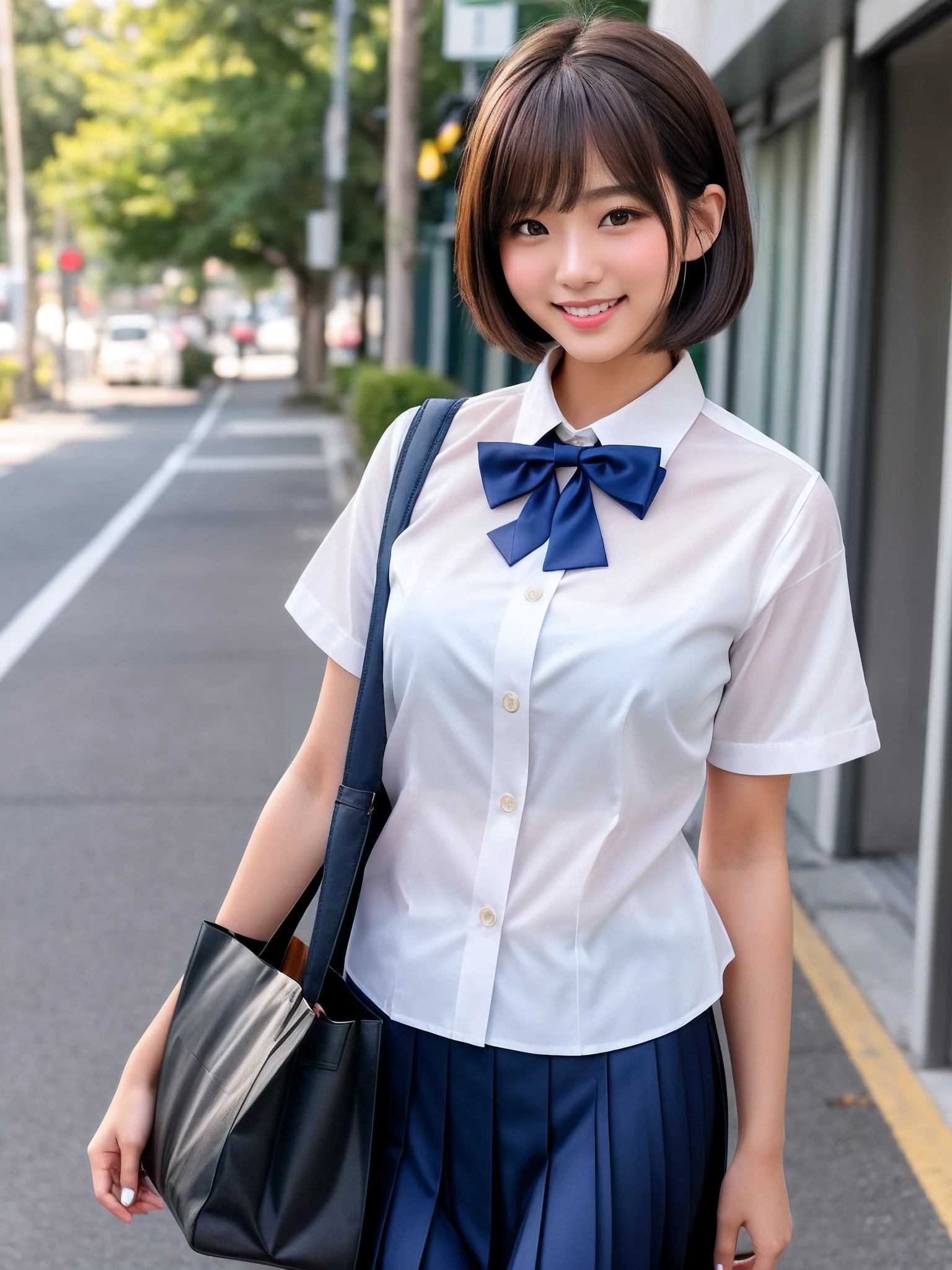 product quality, 1girl, upper body shot, front view, a Japanese young pretty woman, bob hair, walking with a big smile on a street in the morning, glamorous figure, wearing a short sleeves white collared silky shirt with shiny red satin plain bow tie, wearing a dark blue pleated long skirt, wearing a white wireless headphones on her head, carrying one tote bag over her shoulder, hyper cute face, glossy lips, double eyelids in both eyes, natural makeup, long eyelashes, shiny smooth light brown bob hair, asymmetrical bangs, a tanned skin, in the classroom, central image, high resolution, high detail, detailed hairstyle, detailed face, spectacular cinematic lighting, octane rendering, vibrant, hyper realistic, perfect limbs, perfect anatomy