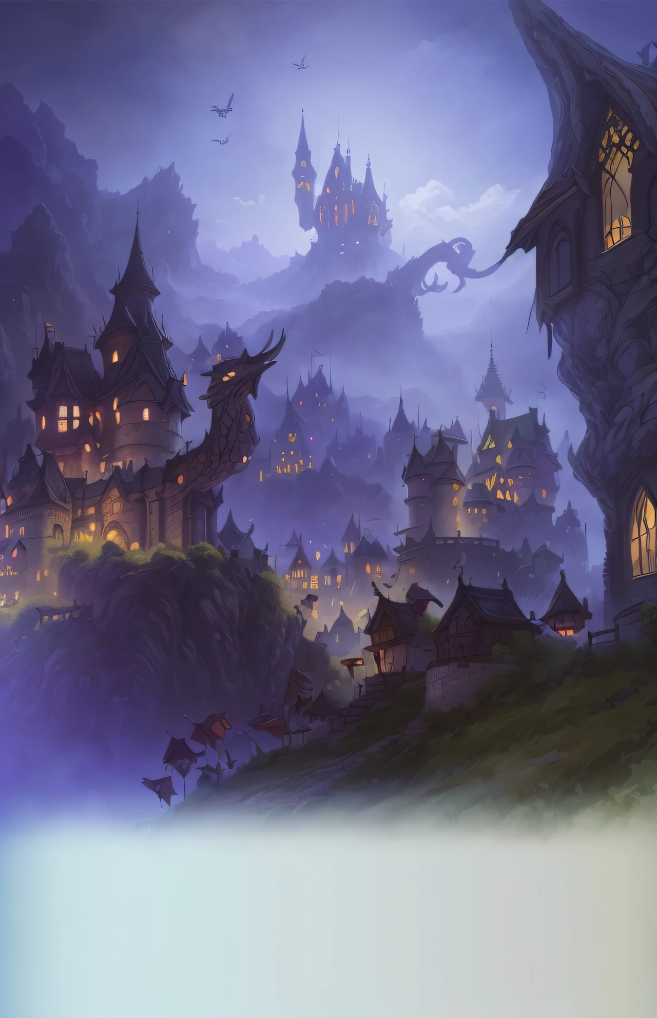 There is a painting of a castle，A dragon flew over it, nightime village background, medeival fantasy town, background artwork, magical fantasy 2 d concept art, arte de fundo, fantasy town setting, painted as a game concept art, fantasy concept art, fantasy city background, town background, a bustling magical town, matte painting arcane dota pixar