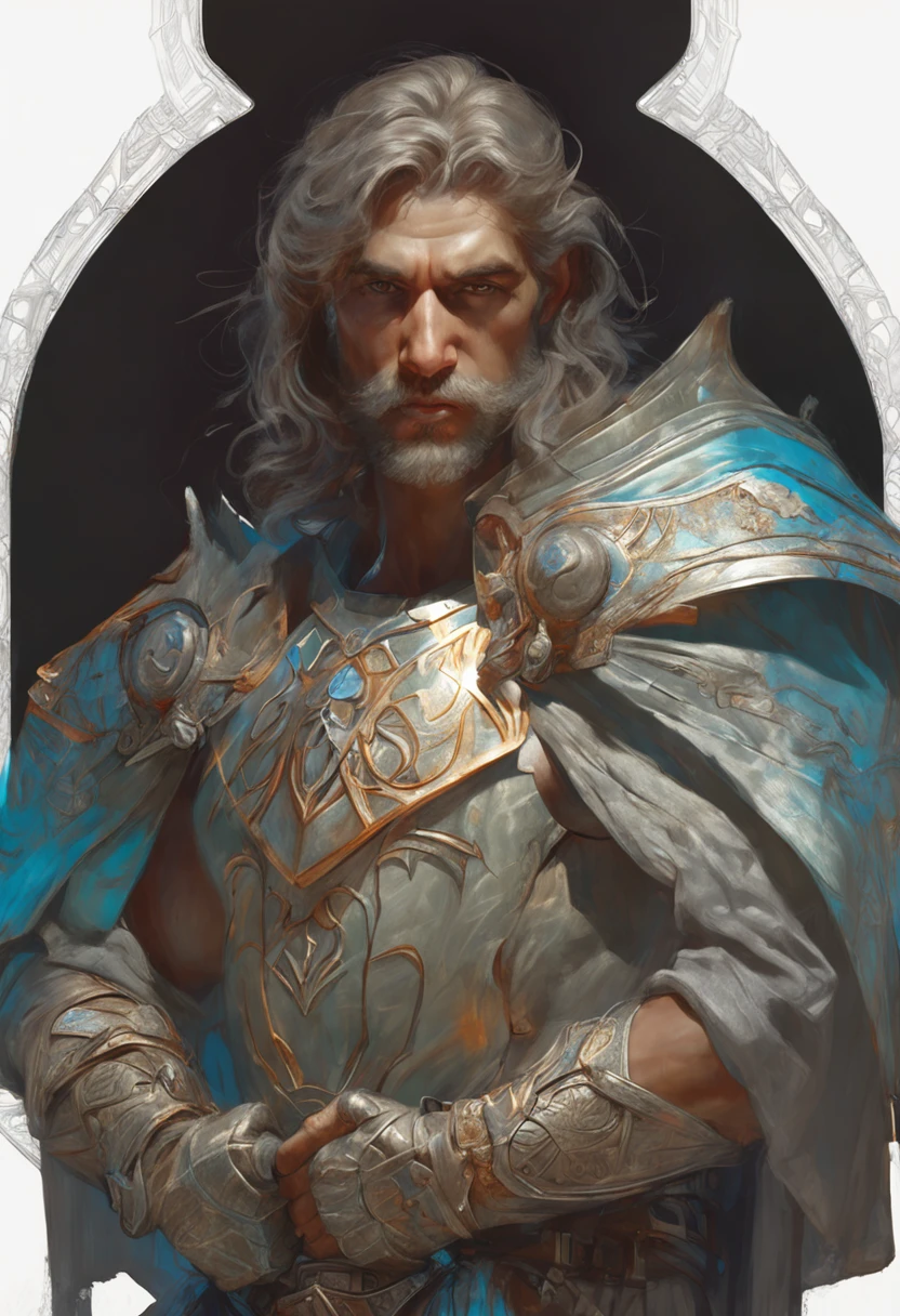 Redshift style, Painted portrait of a paladin, Masculine, mature, Handsome, Upper body, Gray and silver, fantasy, Intricate, elegant, Highly detailed, Digital painting, art  stations, concept-art, smooth, Sharp focus, illustration, art by Gaston Bussiere and Alphonse Mucha,multiple angle