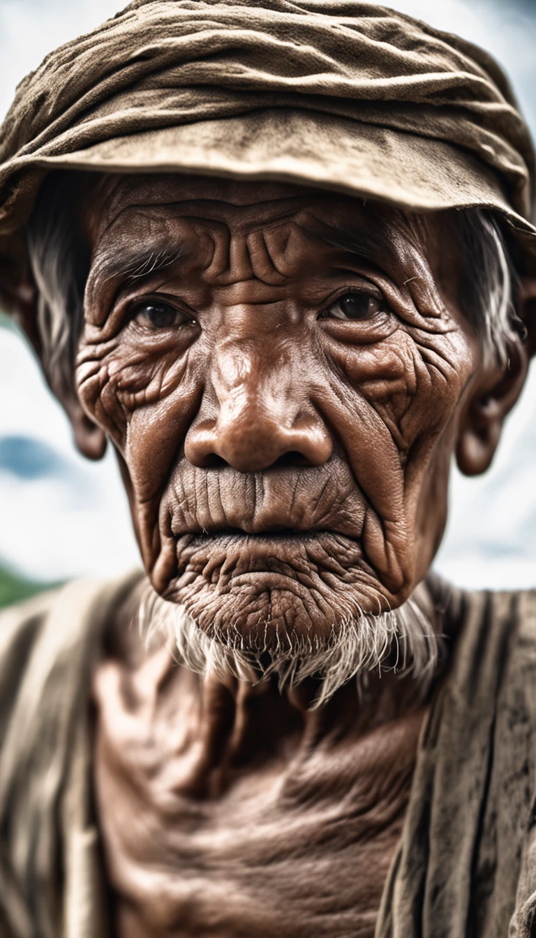 (sharp focus:1.2), an award-winning photo of a Filipino old man peasant, look at the camera, water droplets, a thunderstorm outside, lightning backlighting, lines on the face, wrinkles, extremely detailed skin, sadness, hopelessness, cloudy eyes, (deep shadows:1.1), high contrast, beautiful eyes, absurd res, 8k, (high quality:1.3), art station hd, concept art, detailed face and body, award-winning photography, (moody lighting:1.2), depth of field, bokeh, 4K, HDR
