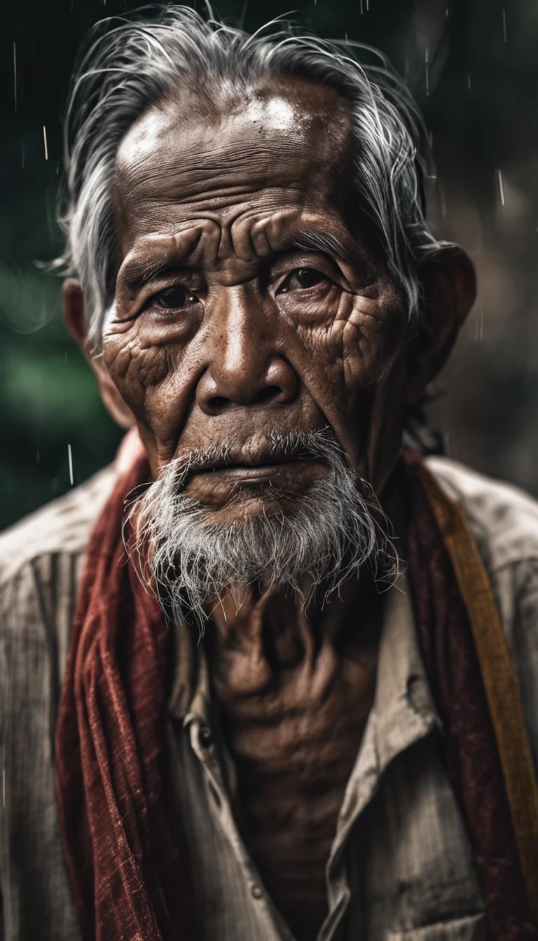 (sharp focus:1.2), an award-winning photo of a Filipino old man peasant, look at the camera, water droplets, a thunderstorm outside, lightning backlighting, lines on the face, wrinkles, extremely detailed skin, sadness, hopelessness, cloudy eyes, (deep shadows:1.1), high contrast, beautiful eyes, absurd res, 8k, (high quality:1.3), art station hd, concept art, detailed face and body, award-winning photography, (moody lighting:1.2), depth of field, bokeh, 4K, HDR
