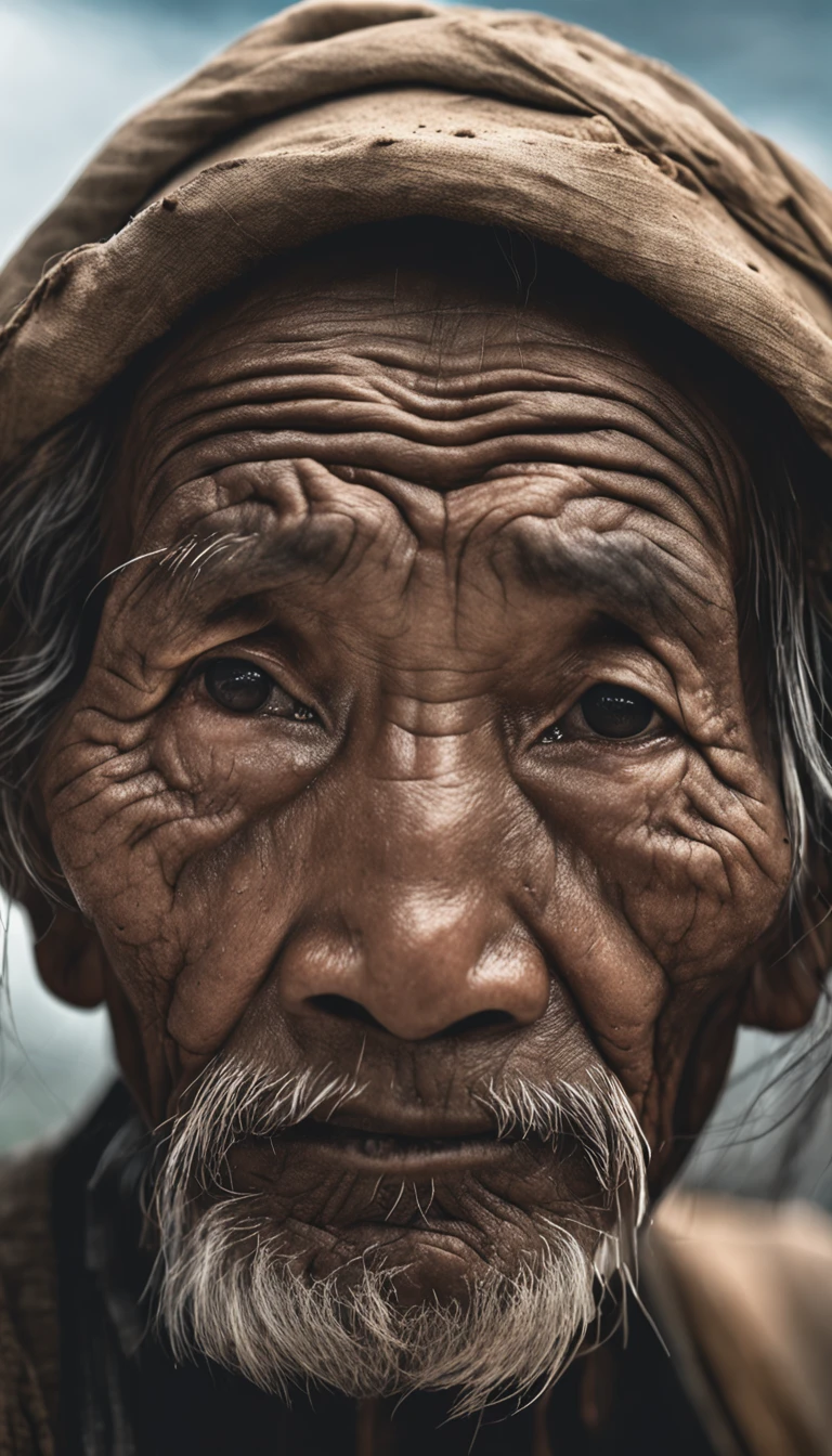 (sharp focus:1.2), an award-winning photo of a Filipino old man peasant, look at the camera, water droplets, a thunderstorm outside, lightning backlighting, lines on the face, wrinkles, extremely detailed skin, sadness, hopelessness, cloudy eyes, (deep shadows:1.1), high contrast, beautiful eyes, absurd res, 8k, (high quality:1.3), art station hd, concept art, detailed face and body, award-winning photography, (moody lighting:1.2), depth of field, bokeh, 4K, HDR