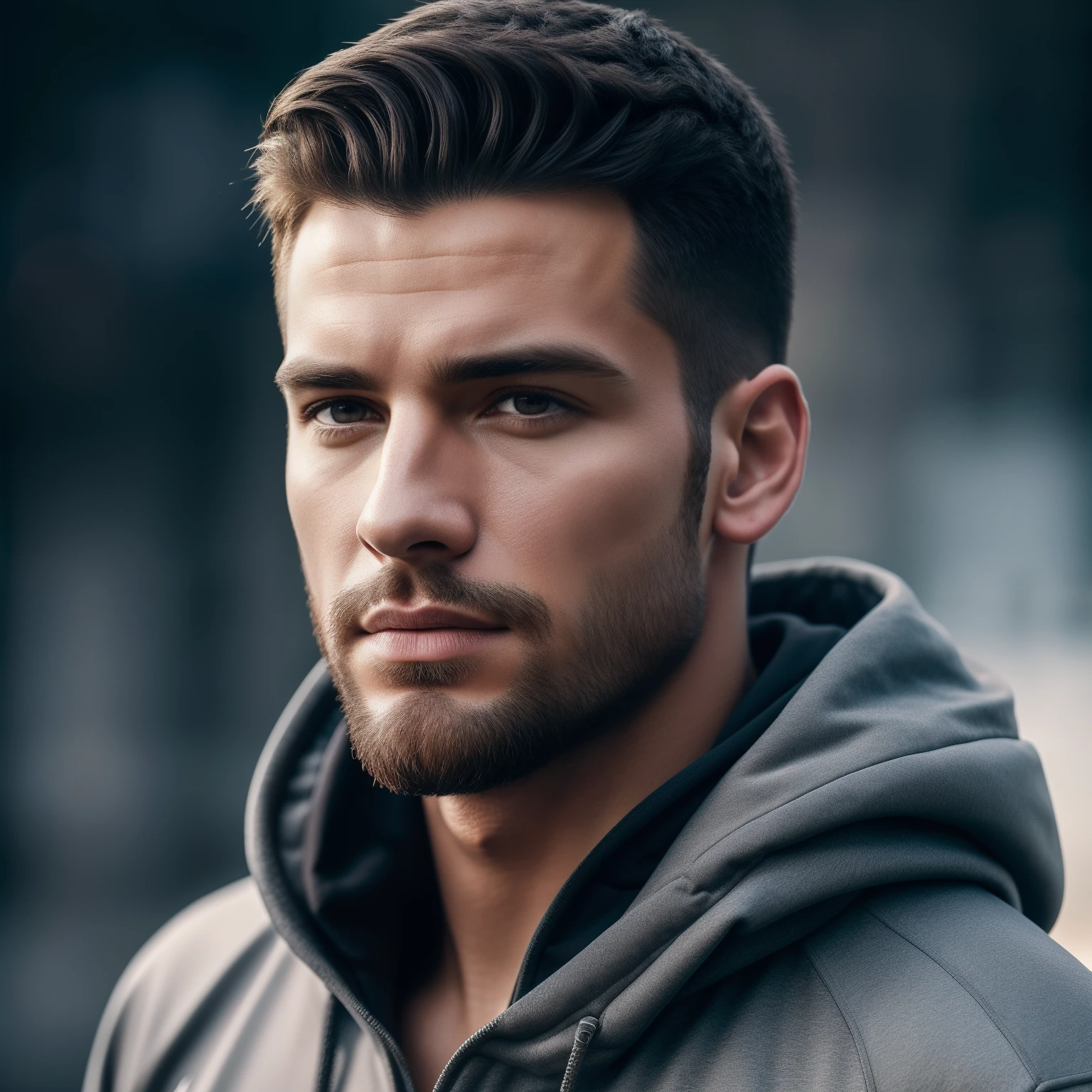 (master piece), (best quality), (4K), (movie), (cinematic), (Photorealism), (rendering), realistic, ultra detailed, perfect face, portrait frame, chest up, handsome man, gray hooded man, man 24 years old, medium beard, dark brown eyes, gray detailed and textured tracksuit, cloudy day, white clouds, cold colors, from the front, gorgeous, looking at camera, cold blurred background, low to high lighting