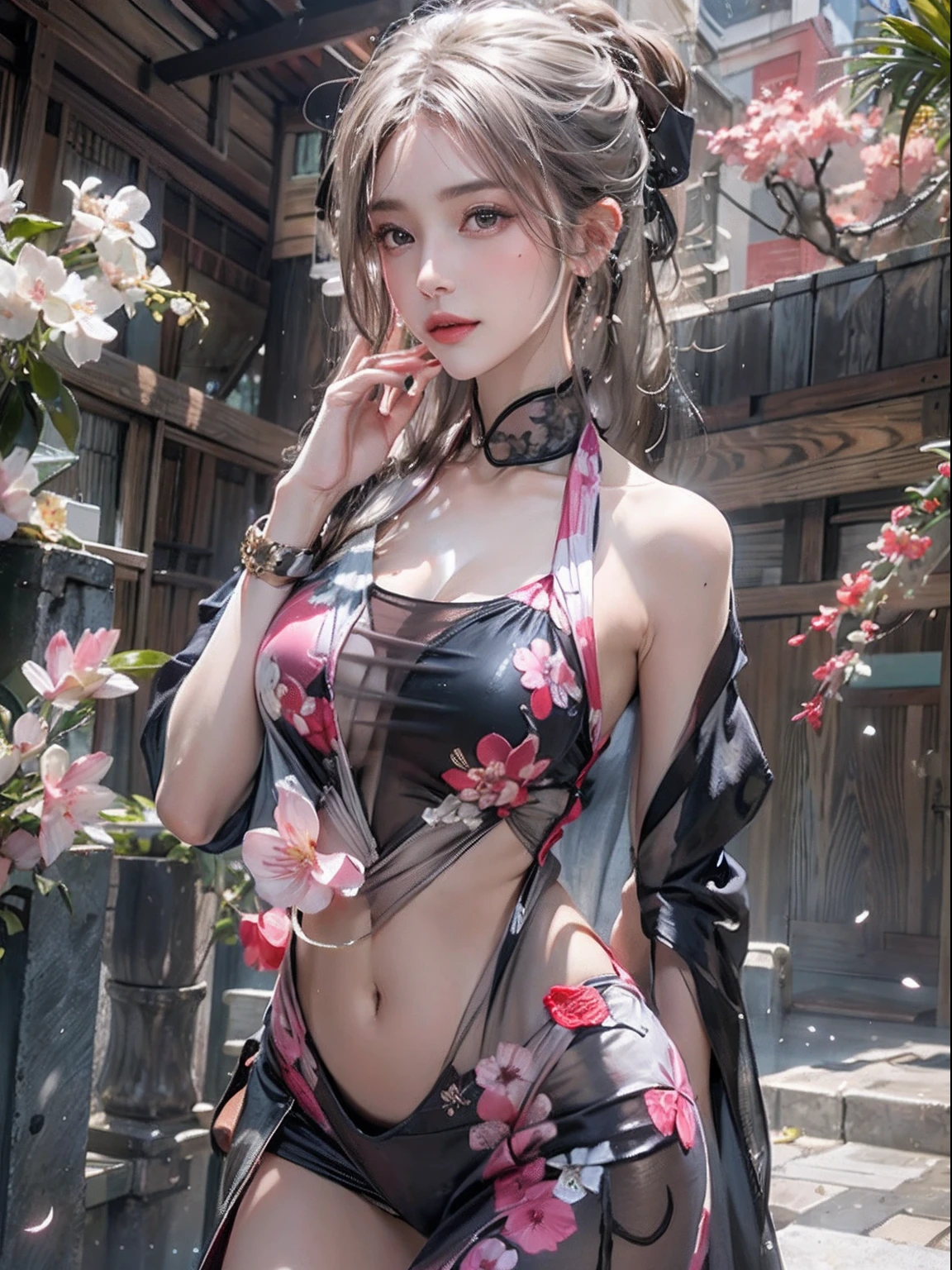 Photorealistic, High resolution, Soft light,1womanl, Solo, hips up high, glistning skin, (Detailed face),The tattoo, Jewelry, Dark Latex Halter Neck, cherry blossom, Night, White wavy hair, Beautiful Soldier, An eye that invites the viewer, Lover's perspective, inviting expression, Sexy smile, Perfect Style, Perfect balance, Detailed skin, Naughty gaze, Chest visible、see -through、Sheer feeling、Wet skin、Wet hair、Spread hair、Spread Stall、Wet clothes、sodden、See-through Halter neck、See-through gowns、Navel Ejection、the back is open、See-through halter neck dress、See-through kimono、Dynamic Posing、Fingertips are lips、