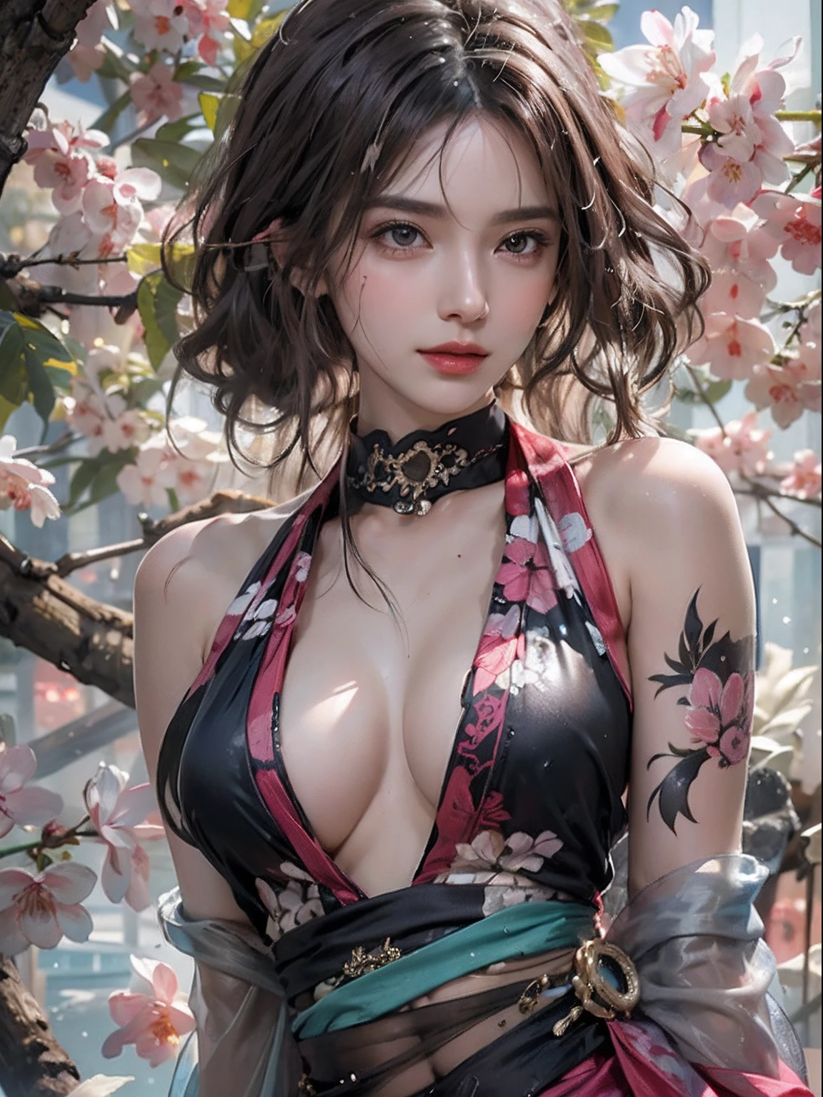 Photorealistic, High resolution, Soft light,1womanl, Solo, hips up high, glistning skin, (Detailed face),The tattoo, Jewelry, Dark Latex Halter Neck, cherry blossom, Night, White wavy hair, Beautiful Soldier, An eye that invites the viewer, Lover's perspective, inviting expression, Sexy smile, Perfect Style, Perfect balance, Detailed skin, Naughty gaze, Chest visible、see -through、Sheer feeling、Wet skin、Wet hair、Spread hair、Spread Stall、Wet clothes、sodden、See-through Halter neck、See-through gowns、Navel Ejection、the back is open、See-through halter neck dress、See-through kimono、Dynamic Posing、Fingertips are lips、
