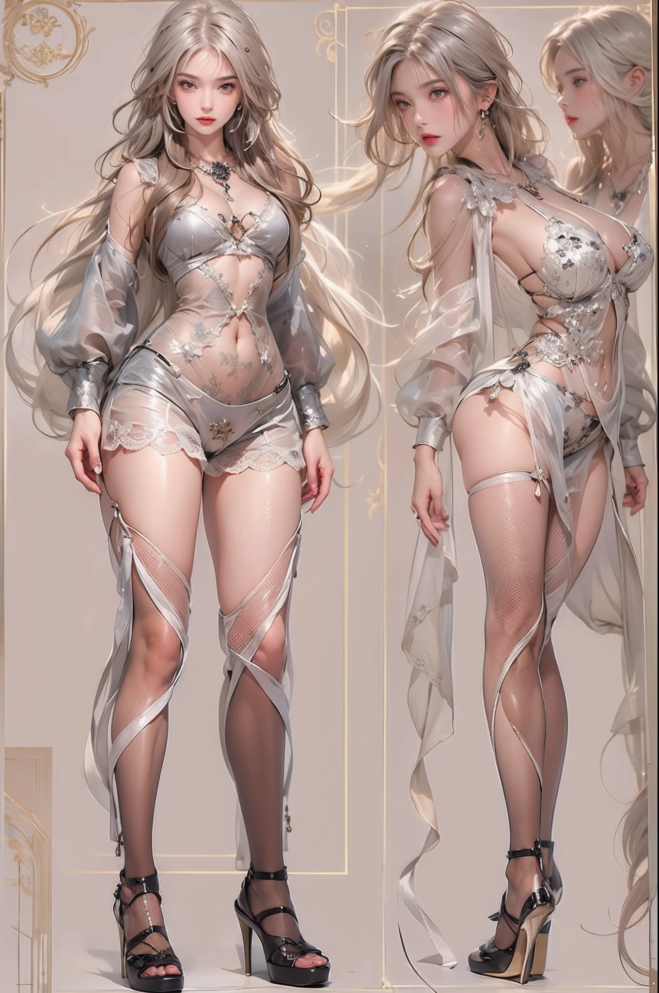 ((Masterpiece, Highest quality)), Detailed face, CharacterDesignSheet,full bodyesbian, Full of details, Multiple poses and expressions, Highly detailed, Depth, Many parts,beuaty girl,cinmatic lighting,with light glowing,Lace,lacepantyhose,high-heels