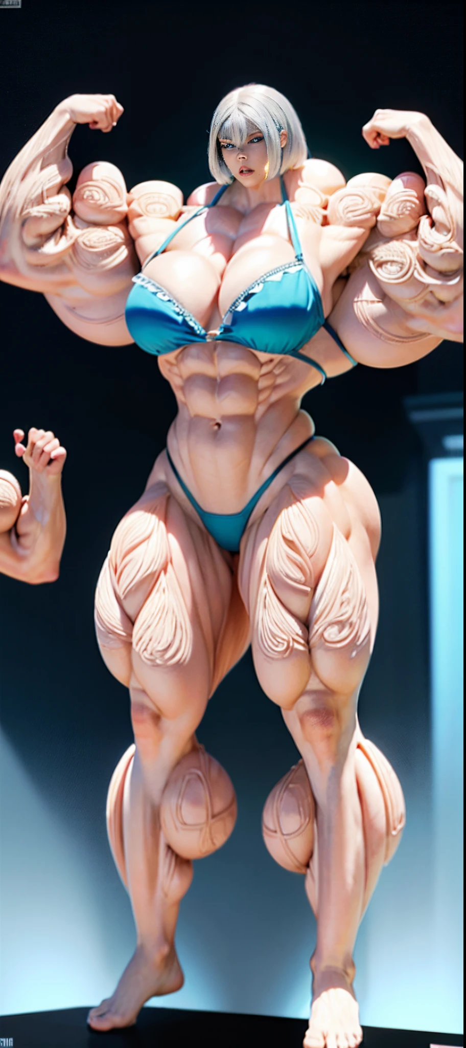 （tmasterpiece）， （best qualtiy）， 8K分辨率， ultra - detailed， photorealestic， photore， femele， with short white hair，Eight-pack abs，3DMM style，full body shot shot，The whole body is facing the camera，Incredibly huge breasts，gigantic cleavage breasts，Light shines from the front，background of futur，Light blue dark V high fork three-point bikini，（Female bodybuilder：5.0），，Do not draw blood vessels，Superhero giantess，Super developed muscular female，Super muscle armor