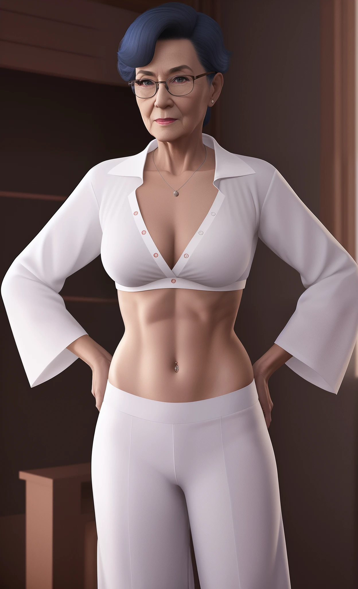 spectacled old mature elderly older nerdy woman in a skimpy black silk midriff-shirt with shortsleeves and very low-rise blue pants ready to faceslapping, 3 d render of an elderly female body, brazenly unbuttoned clothes , sexy elderly mistress , karate master mistress, unglued lady , chubby body , in succinct clothes, digital art of an elegant, mid body portrait, fully body portrait, normal body with sexy tummy, karateka as a woman