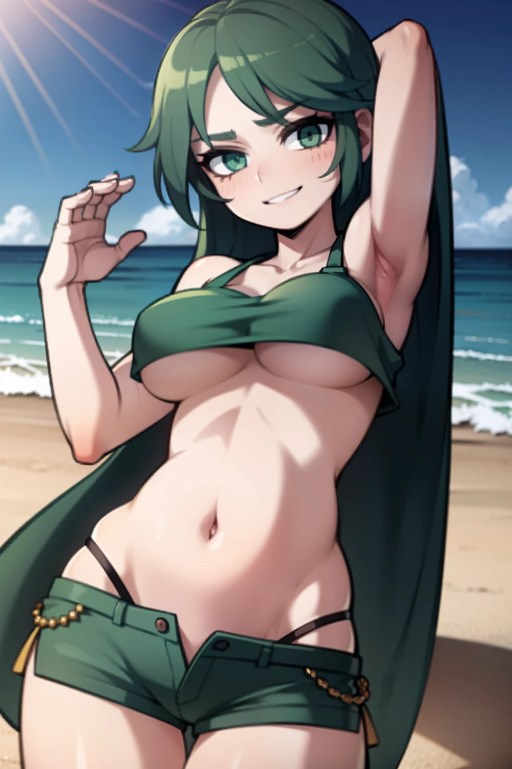 dark green hair, crop top, underboobs, shorts, on a beach