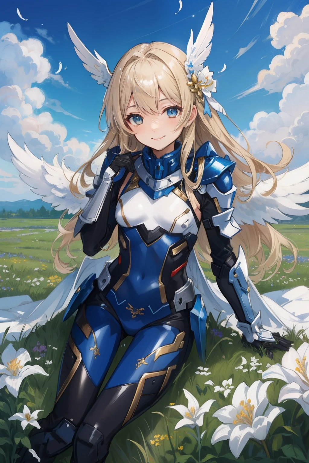 (​master piece, Best Quality),  Intricate details, valkyrie, (((beaming smile))), Hand up, Looking at Viewer, Feather Headgear, Flower meadow, (((flat breast)))  on top of the clouds, sitting, 18yo
1 girl in, Solo, Portrait, ash Blonde Hair, drooping  eyes, Single Thigh, Independent Single Sleeve, gloves, 
 mecha musume, bodysuit, Reinforced Suit, Mini Feather Wings, pantyhose, full armor, flower decoration, equip sword,