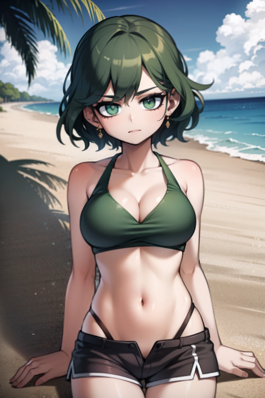 dark green hair, crop top, underboobs, shorts, on a beach