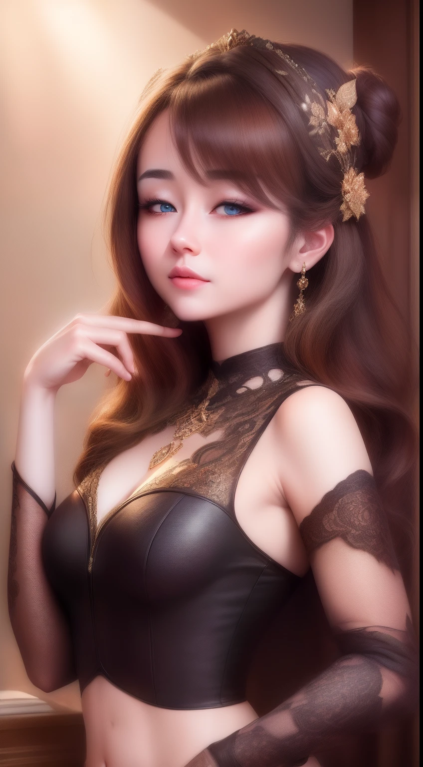 (Photorealistic:1.4), (Masterpiece, side-lighting, fine detailed beautiful eyes: 1.2), Masterpiece*Portrait, Realistic, 3D face, Glowing eyes, Starry eye shadow,Shiny hair, Glossy glossy skin, Solo, embarressed, (midriff),