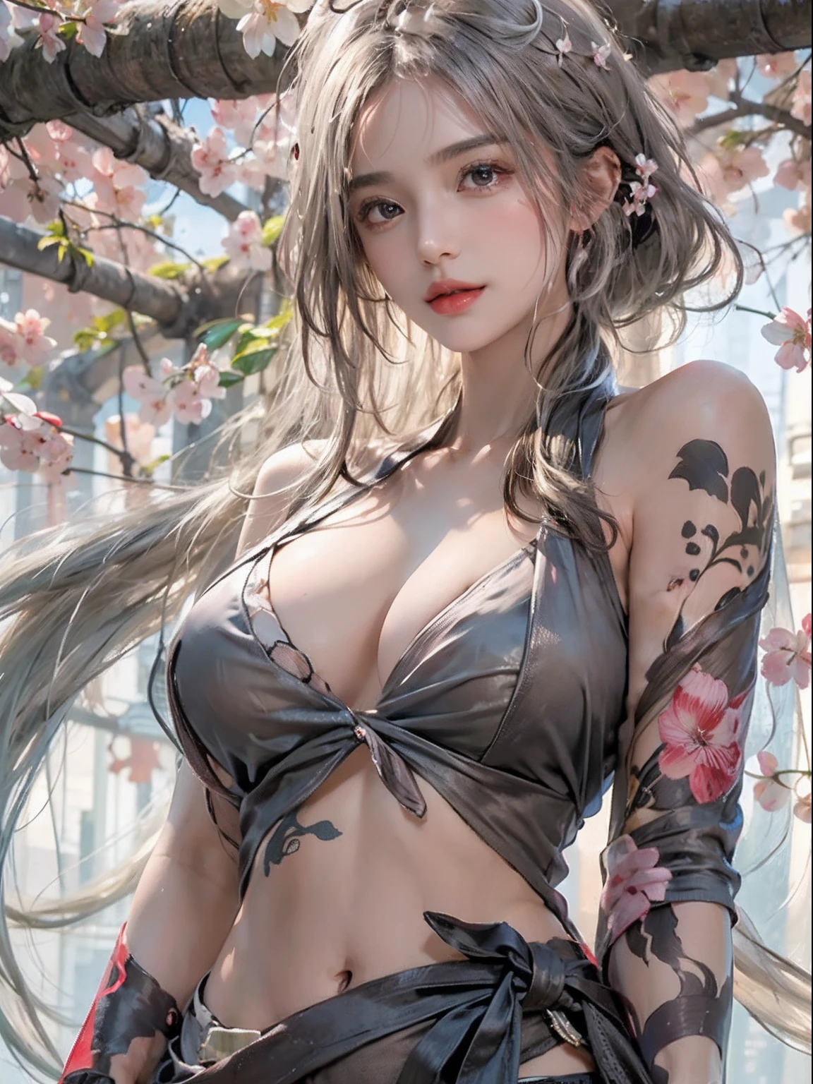 Photorealistic, High resolution, Soft light,1womanl, Solo, hips up high, glistning skin, (Detailed face),The tattoo, Jewelry, Dark Latex Halter Neck, cherry blossom, Night, White wavy hair, Beautiful Soldier, An eye that invites the viewer, Lover's perspective, inviting expression, Sexy smile, Perfect Style, Perfect balance, Detailed skin, Naughty gaze, Chest visible、see -through、Sheer feeling、Wet skin、Wet hair、Spread hair、Spread Stall、Wet clothes、sodden、See-through Halter neck、See-through gowns、Navel Ejection、the back is open、See-through halter neck dress、See-through kimono、Dynamic Posing、Fingertips are lips、