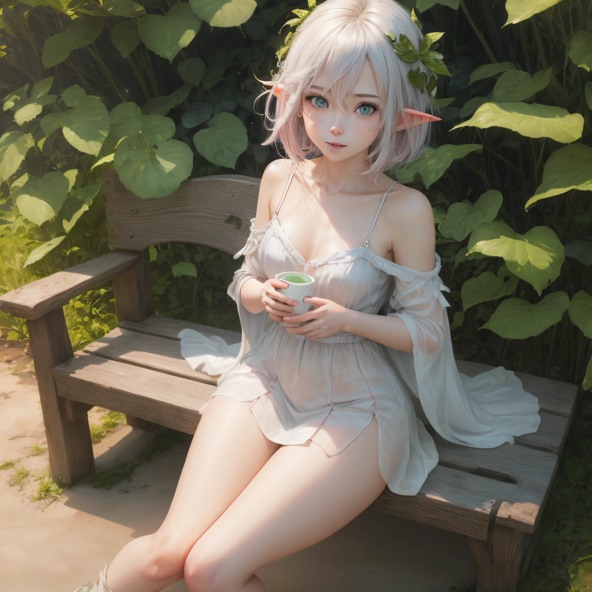 The elf sits on a bench and looks into the distance, (overhead view), blue eyes and pink short hair, skinny waist, Slender figure, Appearance of the model, confusion, sexuality, pixie, elf ears, Beautiful ears, little chest, The girl is dressed in a white shirt (Clothes shine through), (visible through clothes), Elf Girl, Sweet girl, attractive anime girl, beautiful anime girl, Cute beautiful anime woman, detailed digital anime art, beautiful anime girl, beautiful anime girl, Anime with small details, Best Quality, Masterpiece, Ultra-detailed, Beautiful, hight resolution, Original,CG 8K ультрареалистичный, perfect artwork, beatiful face, Face Clean, Skin, hyper realistic, Ultra Detailed, A detailed eye, dramatic  lighting, (Realistic) Realistic, Full HD, Best Quality, Best Quality, Beautiful lighting, (8k wallpaper of extremely detailed CG unit), High Details, sharp-focus, The art of dramatic and photorealistic painting, beautiful smile, You can see the chest, naked ass,