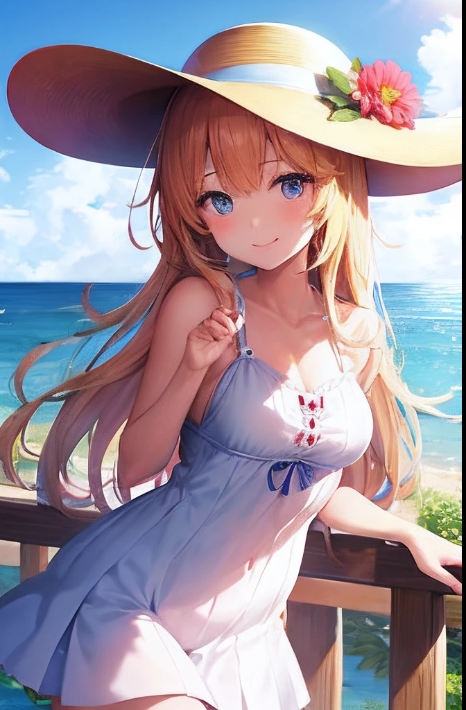 satin, silk, (blue panty), (High quality, High resolution, Fine details), setting sun, Backlight, A straight stretch of railroad track, White Dress, White Hat, solo, curvy women, light brown hair, sparkling eyes, (Detailed eyes:1.2), smile, blush, Sweat, Oily skin, shallow depth of field, Fantastic