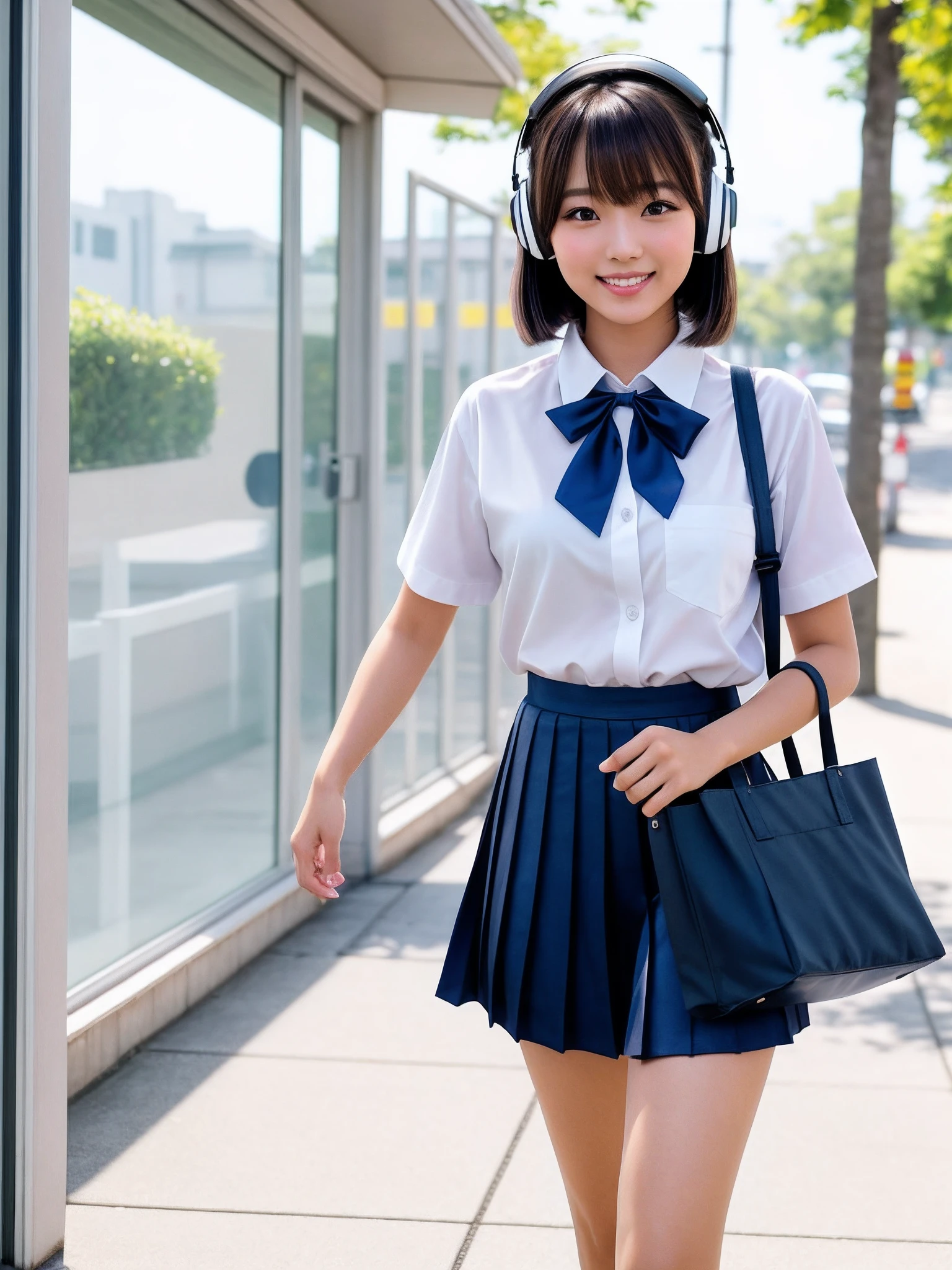 product quality, 1girl, upper body shot, front view, a Japanese young pretty woman, bob hair, walking with a big smile on a street in the morning, glamorous figure, wearing a short sleeves white collared silky shirt with shiny red satin plain bow tie, wearing a dark blue pleated long skirt, wearing a wireless headphones on her head, carrying one tote bag over her shoulder, hyper cute face, glossy lips, double eyelids in both eyes, natural makeup, long eyelashes, shiny smooth light brown bob hair, asymmetrical bangs, a tanned skin, in the classroom, central image, high resolution, high detail, detailed hairstyle, detailed face, spectacular cinematic lighting, octane rendering, vibrant, hyper realistic, perfect limbs, perfect anatomy