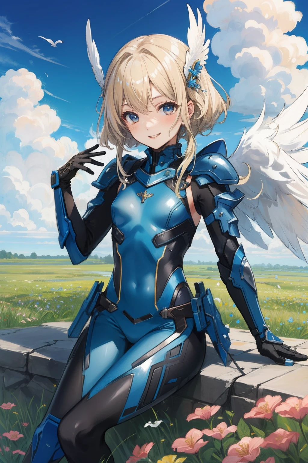 (master piece, Best Quality), Intricate details, valkyrie, (((beaming smile))), Hand up, Looking at Viewer, Feather Headgear, Flower meadow, (((flat breast))) on top of the clouds, sitting, 22yo
1 girl in, Solo, Portrait, ash Blonde Hair, drooping eyes, Single Thigh, Independent Single Sleeve, gloves,
mecha musume, bodysuit, Reinforced Suit, Mini Feather Wings, pantyhose, full armor, flower decoration, equip sword,