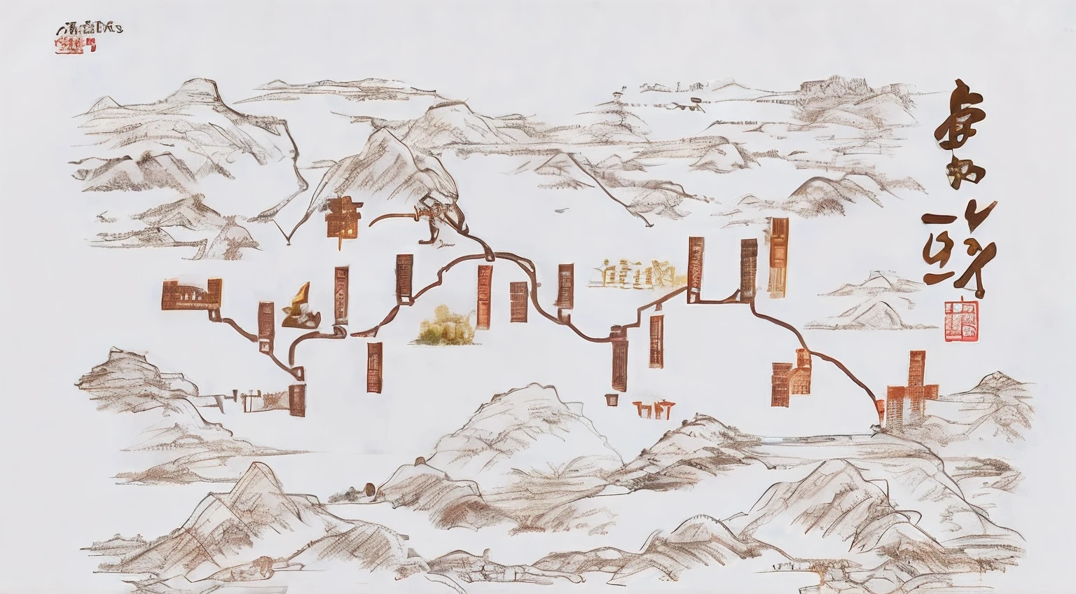 There is a map of the mountains,There are a lot of different things on it, film Silk Road landscape, detailed scenery —width 672, caravan, desert scenery, The Silk Roads represent landscapes, ancient china art style, Chinese painting style, 🚿🗝📝, Chiba Yuda,
