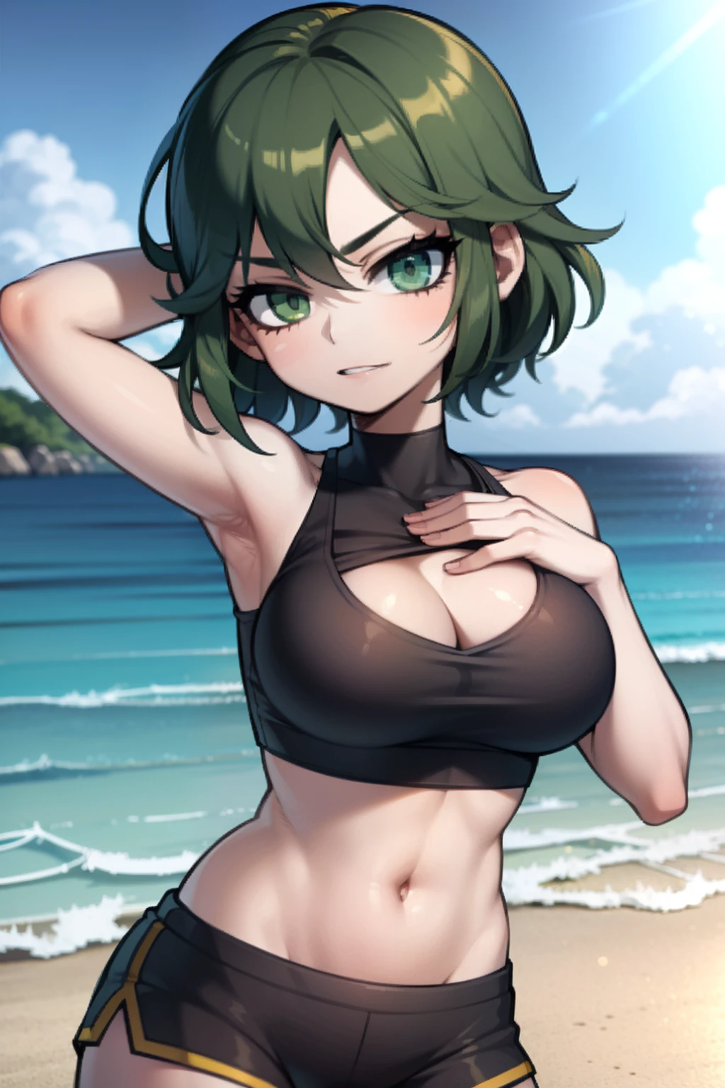 dark green hair, black crop top, underboobs, sports shorts, on a beach