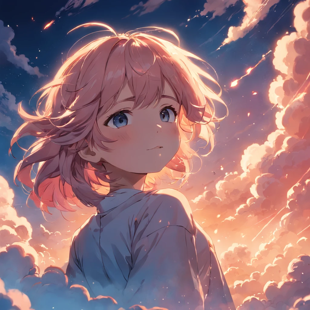 masterpiece, best quality, movie still, 1girl, cloud girl, floating in the sky, close-up, bright, happy, warm soft lighting, sunset, (sparks:0.7)